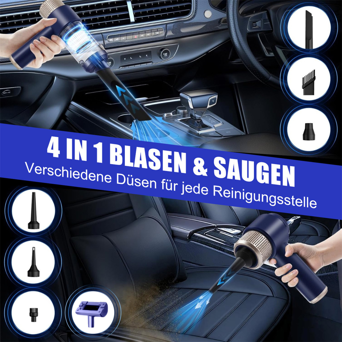 Ein Handstaubsauger, der in einem Autoinnenraum verwendet wird, mit verschiedenen Aufsätzen für unterschiedliche Reinigungsaufgaben.