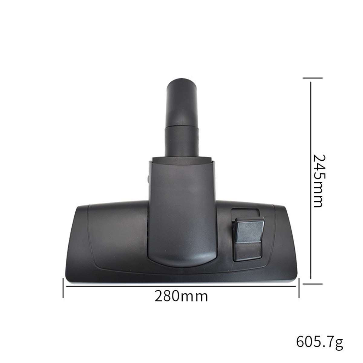 Ein schwarzer Staubsaugerkopf mit den angegebenen Abmessungen: 280 mm breit, 245 mm lang. Gewicht: 605,7 g.