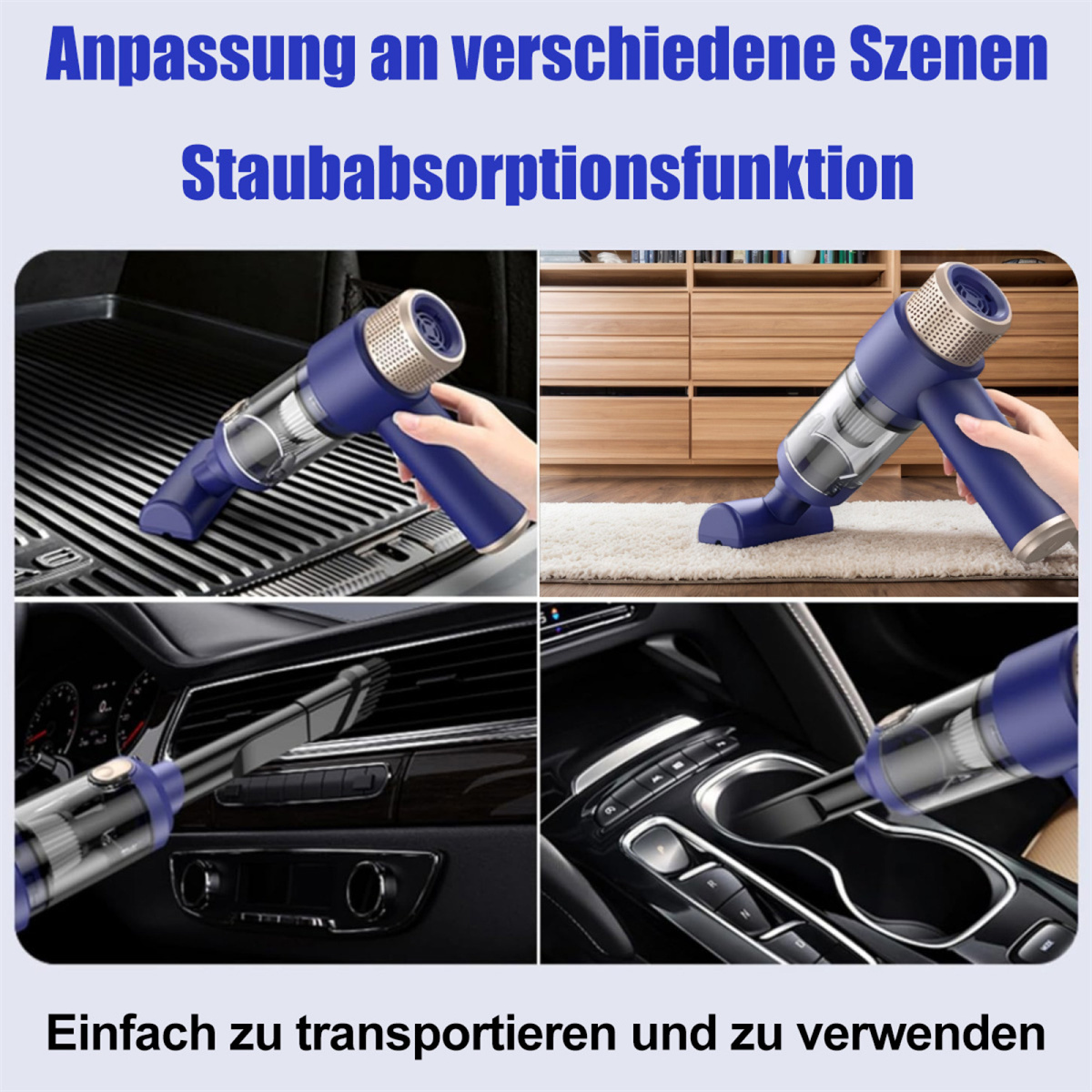 Vier Szenen, die einen Handstaubsauger in Gebrauch zeigen. Text beschreibt die Eigenschaften und Anwendungen.