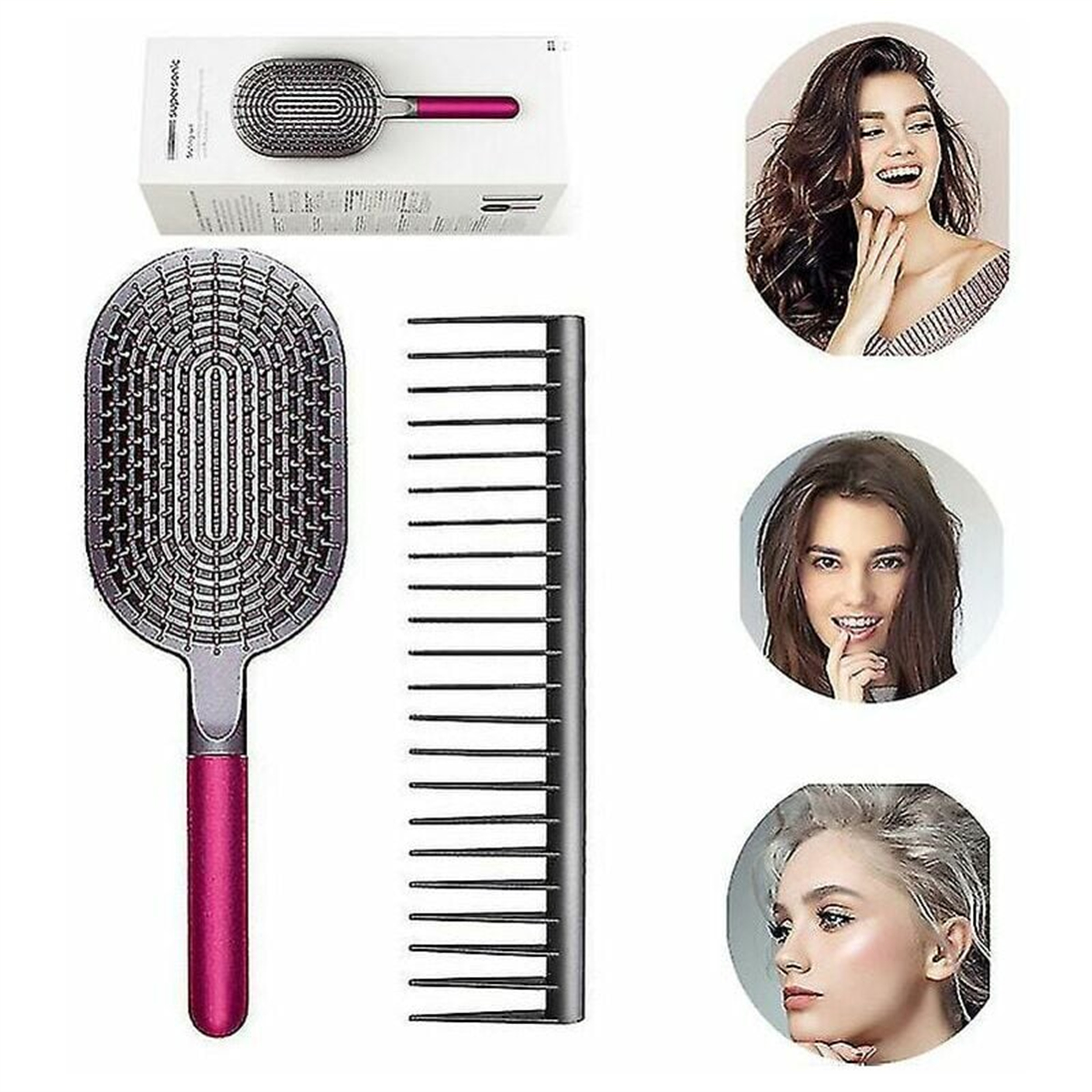 Eine Haarbürste, ein Kamm und Bilder von Frauen mit gestyltem Haar.