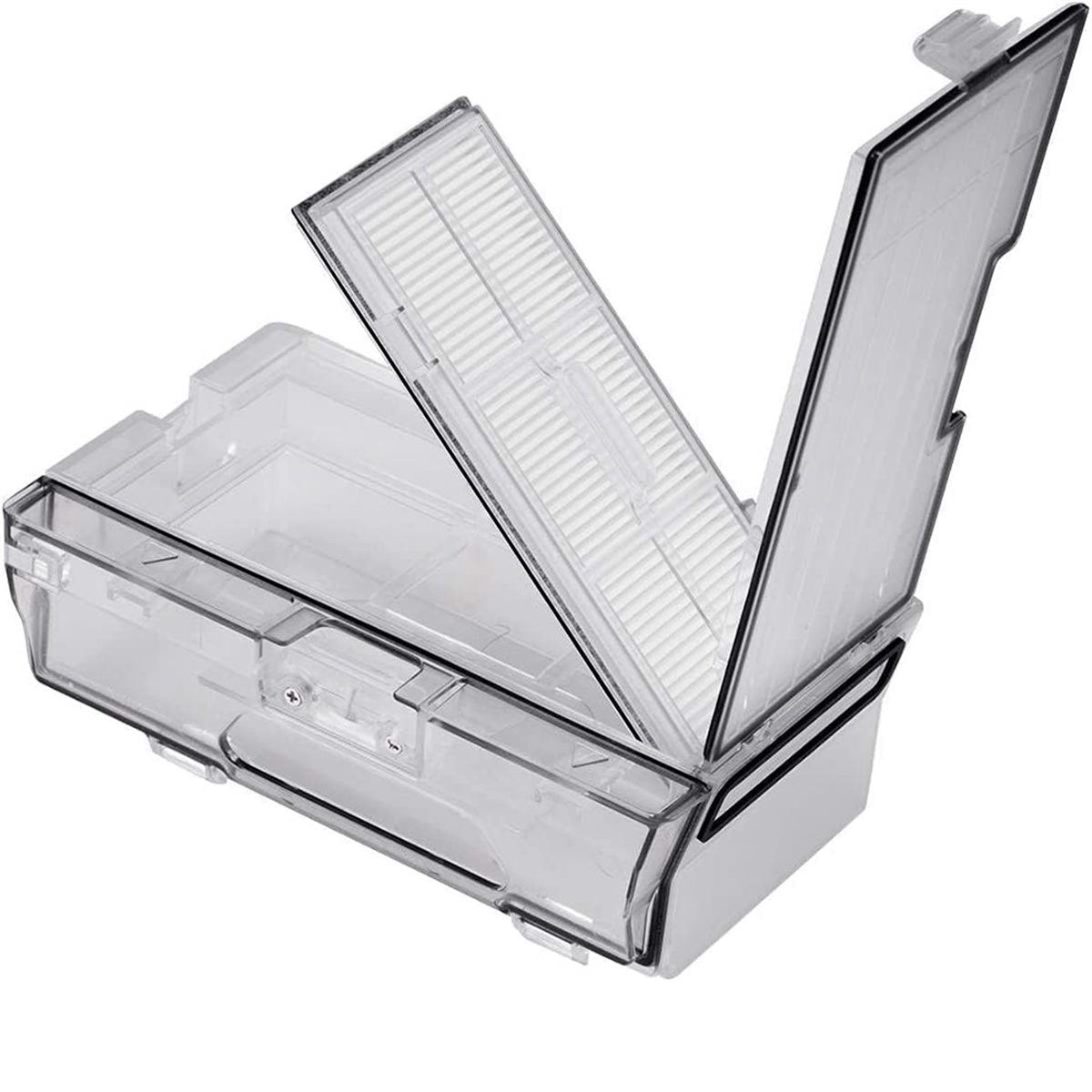 Transparente Plastikbox mit offenem Deckel und Filter. Details des Filters sind sichtbar.