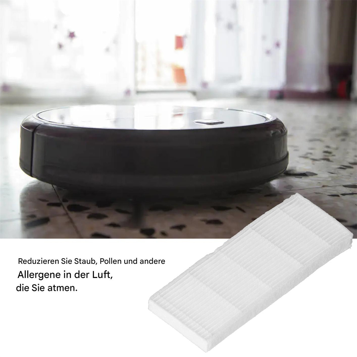 Roboter-Staubsauger und ein weißer Filter in einem Raum. Text auf Deutsch: Reduzieren Sie Staub, Pollen und andere Allergene.