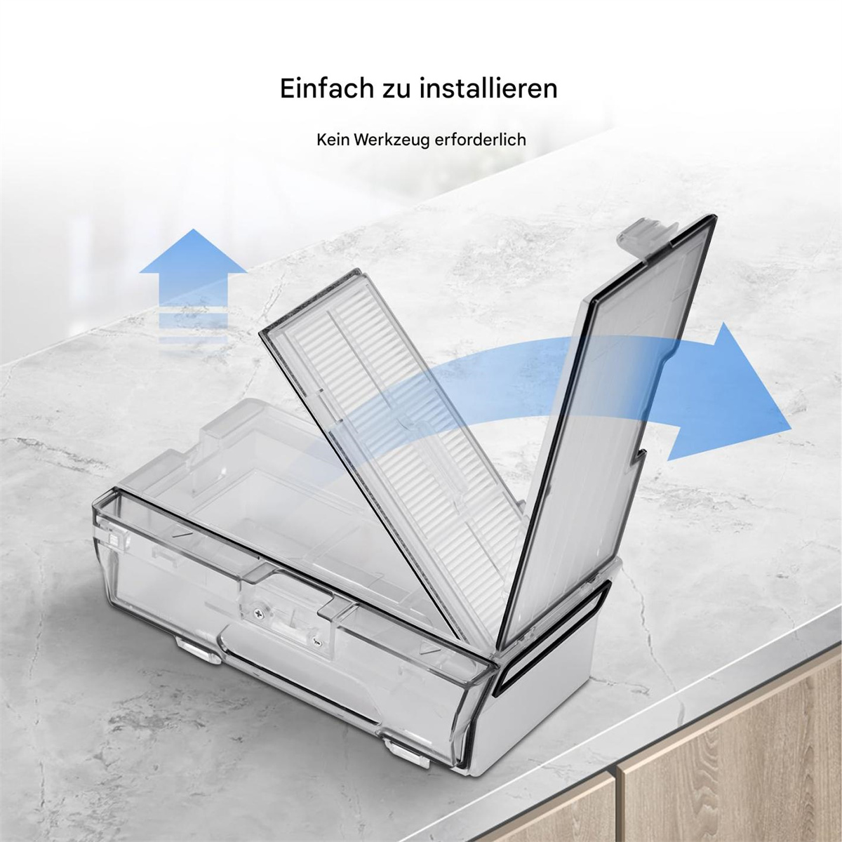 Durchsichtige Plastikbox mit Filter, geöffnet. Weißer Hintergrund. Text auf Deutsch: Einfach zu installieren, kein Werkzeug erforderlich.