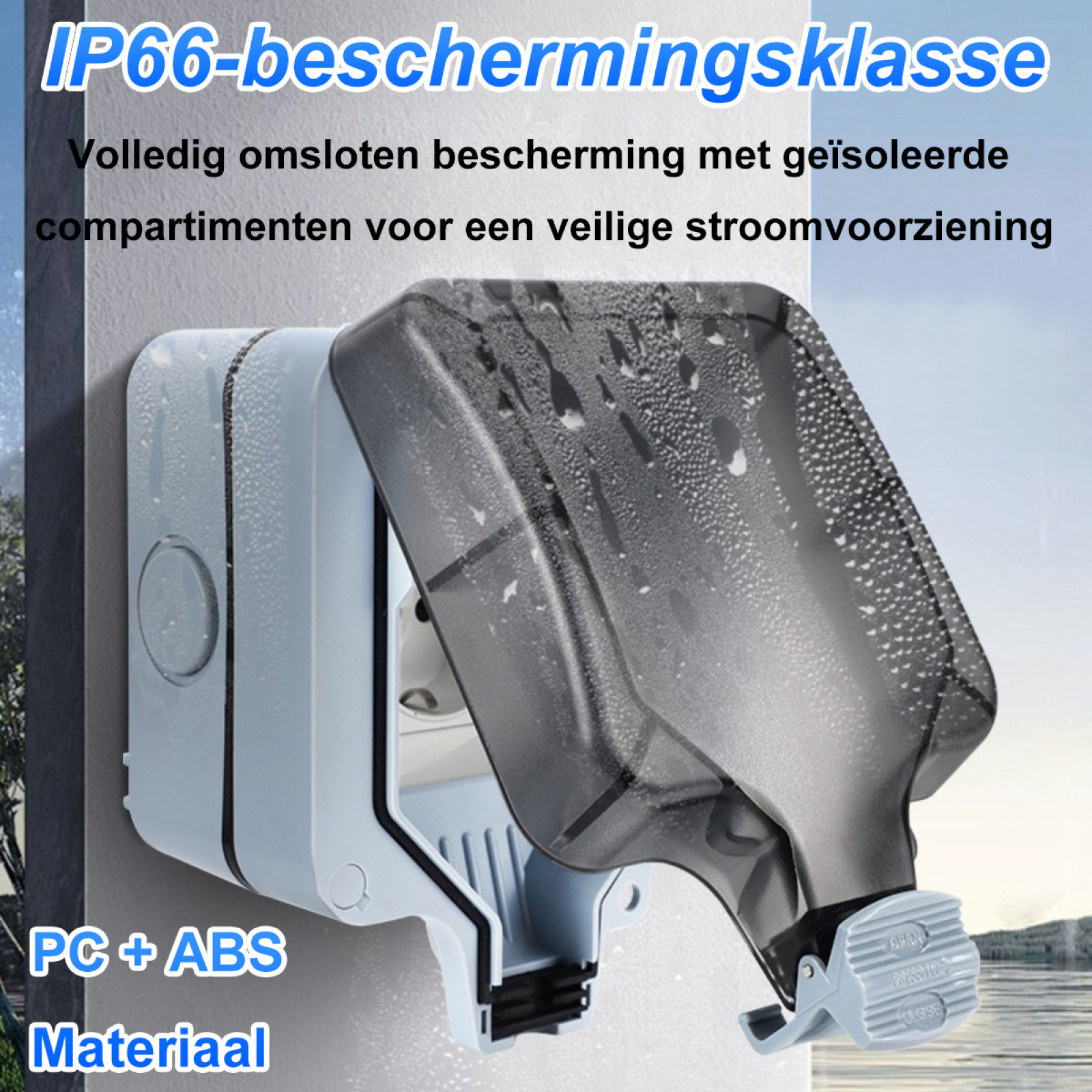 Eine IP66-klassifizierte Steckdosenabdeckung mit transparentem Deckel und Schloss zur Sicherheit.
