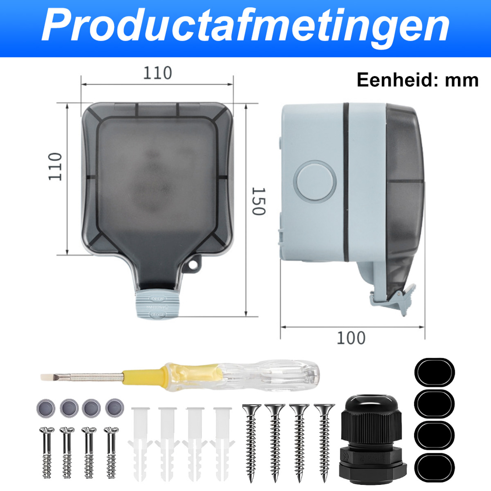 Nahaufnahme einer Außensteckdose mit Abmessungen, Installationsteilen und einem Schraubendreher.