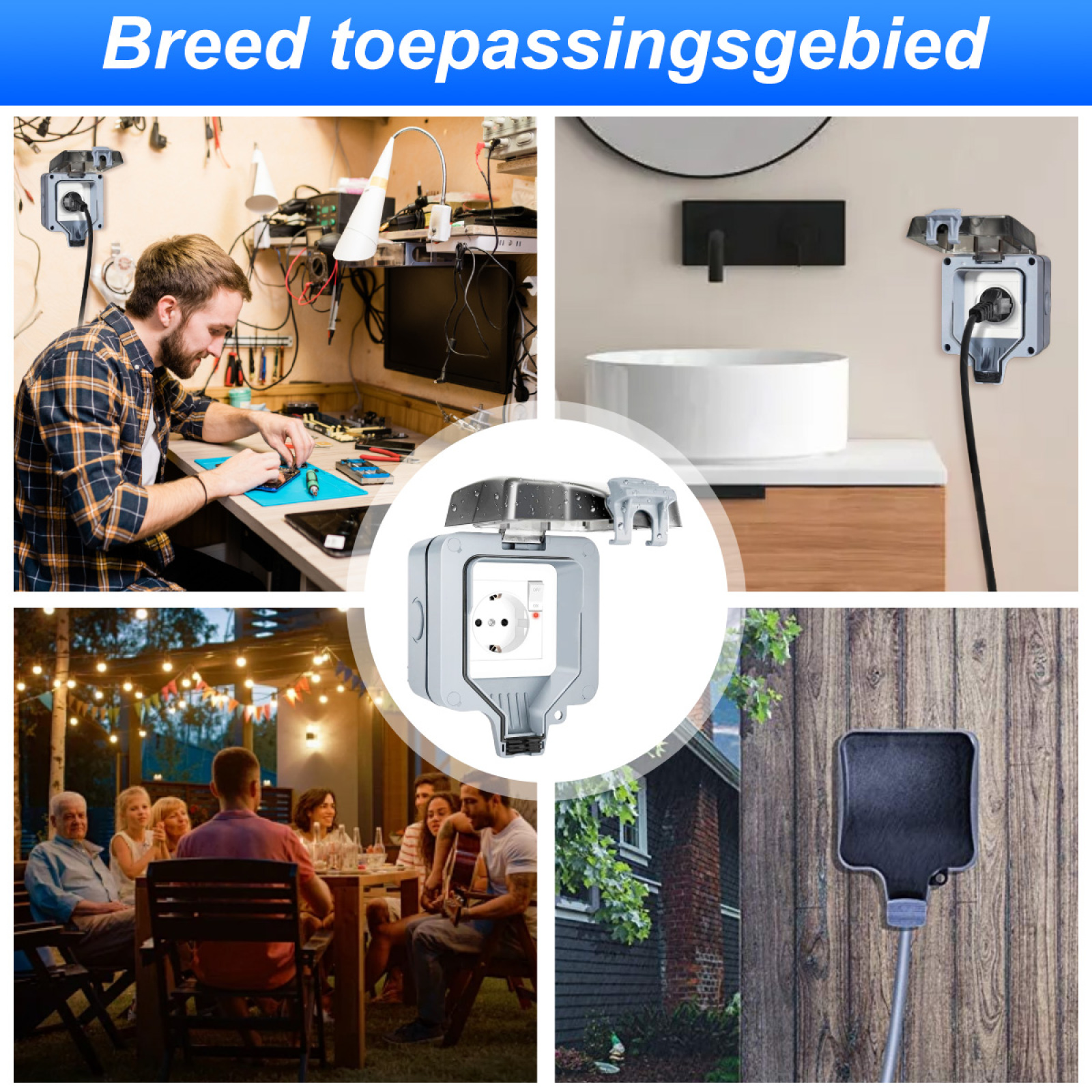 Bildcollage mit einer Steckdose in verschiedenen Umgebungen, darunter eine Werkstatt, ein Badezimmer und eine Terrasse.