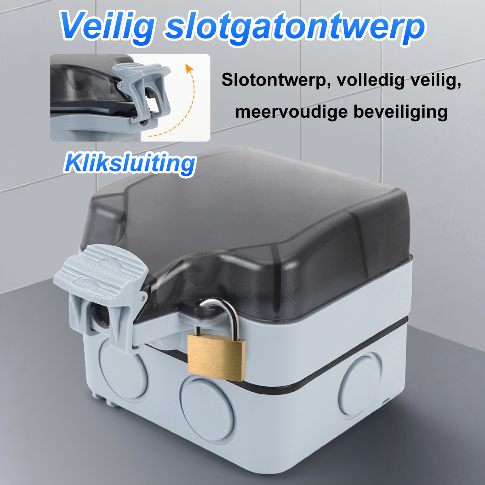 Eine graue Elektrobox mit Schloss, sicheres Design zeigend, und Text über ihre Sicherheitsmerkmale.