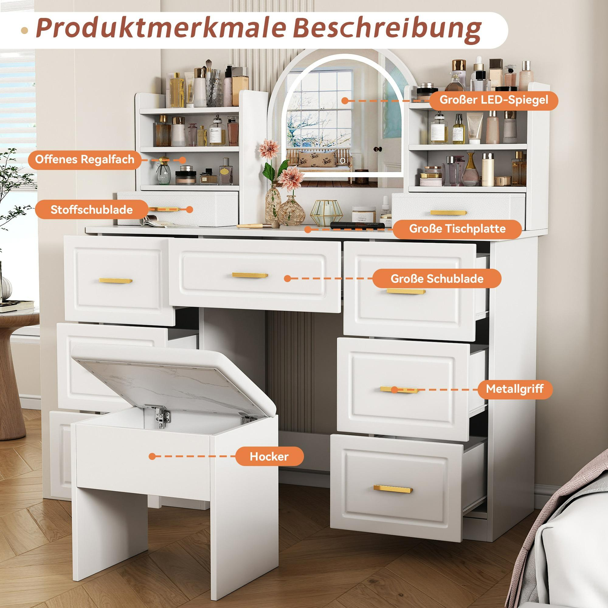 Ein weißer Schminktisch mit Spiegel, Schubladen und Hocker, beschriftet mit Produktmerkmalen: offenes Regal, Aufbewahrungsschublade usw.