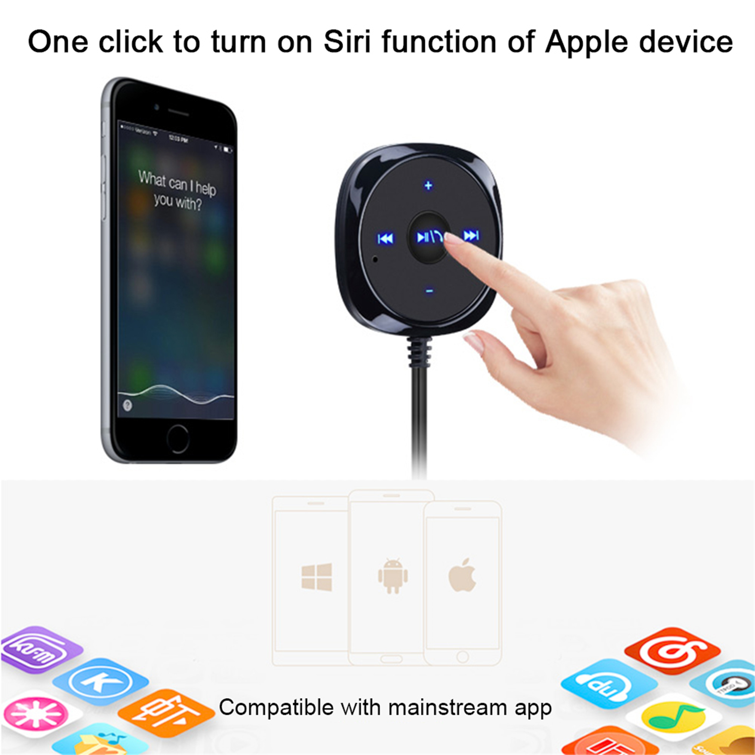 Ein iPhone zeigt die Siri-Oberfläche. Eine Hand drückt eine Taste auf einem schwarzen Gerät, das mit dem Telefon verbunden ist.