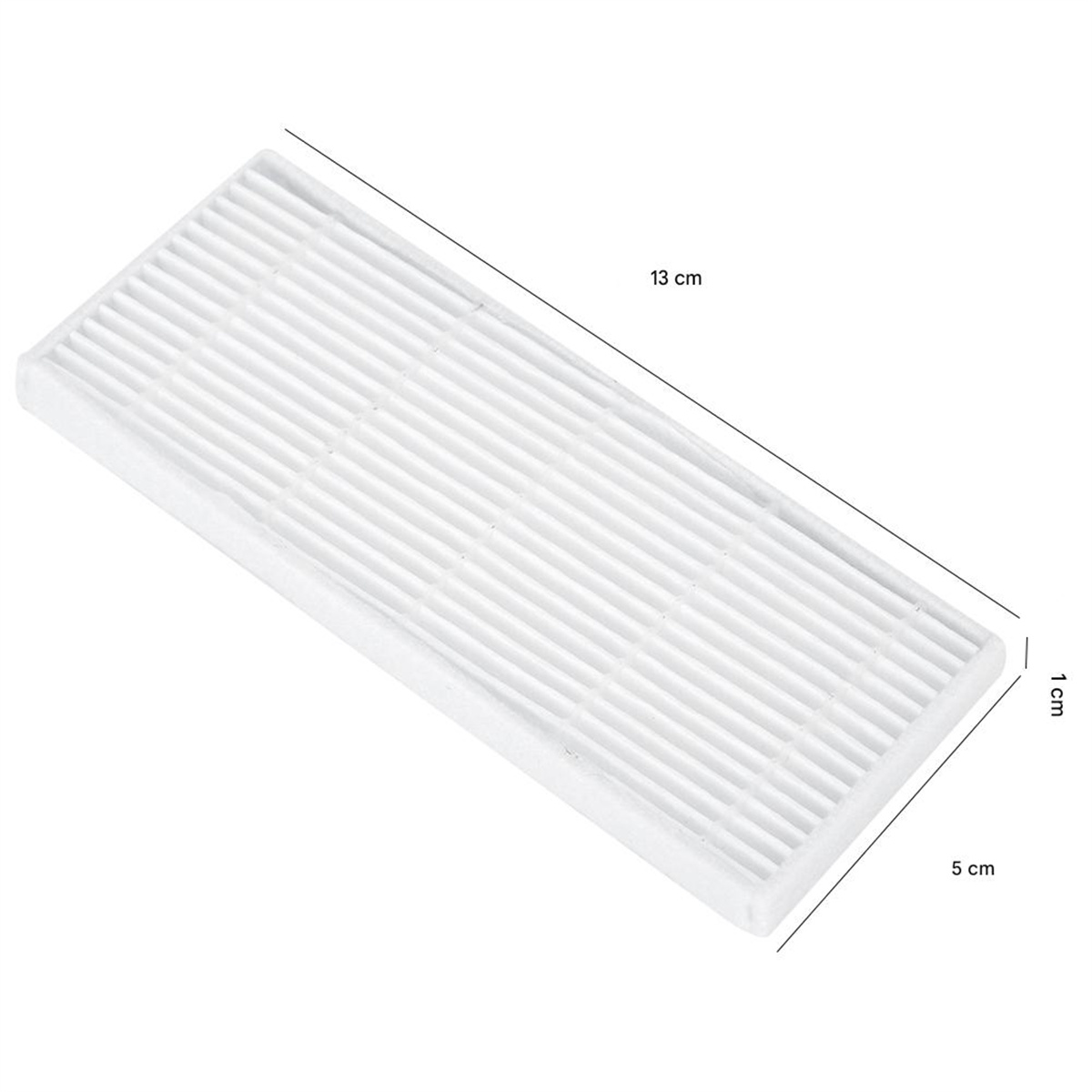 Ein weißer rechteckiger Vakuumfilter wird mit den Abmessungen 13 cm, 1 cm und 5 cm gezeigt.