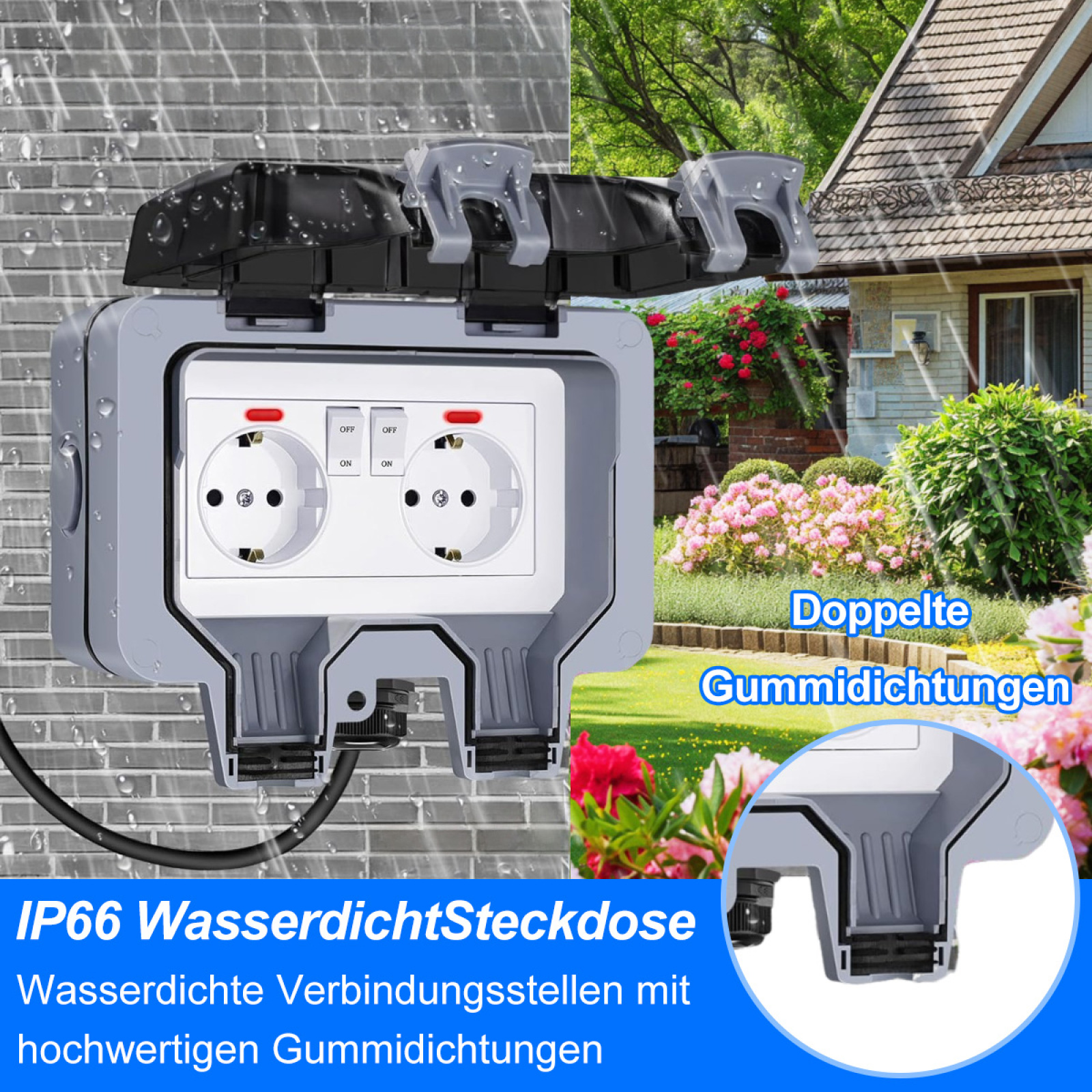 Außensteckdose mit doppelten Gummidichtungen, in einer regnerischen Szene mit Haus im Hintergrund.