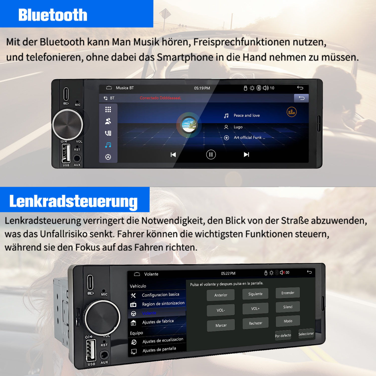 Radio samochodowe z Bluetooth, pokazujące muzykę i ustawienia. Góra: info Bluetooth. Dół: sterowanie kierownicą.