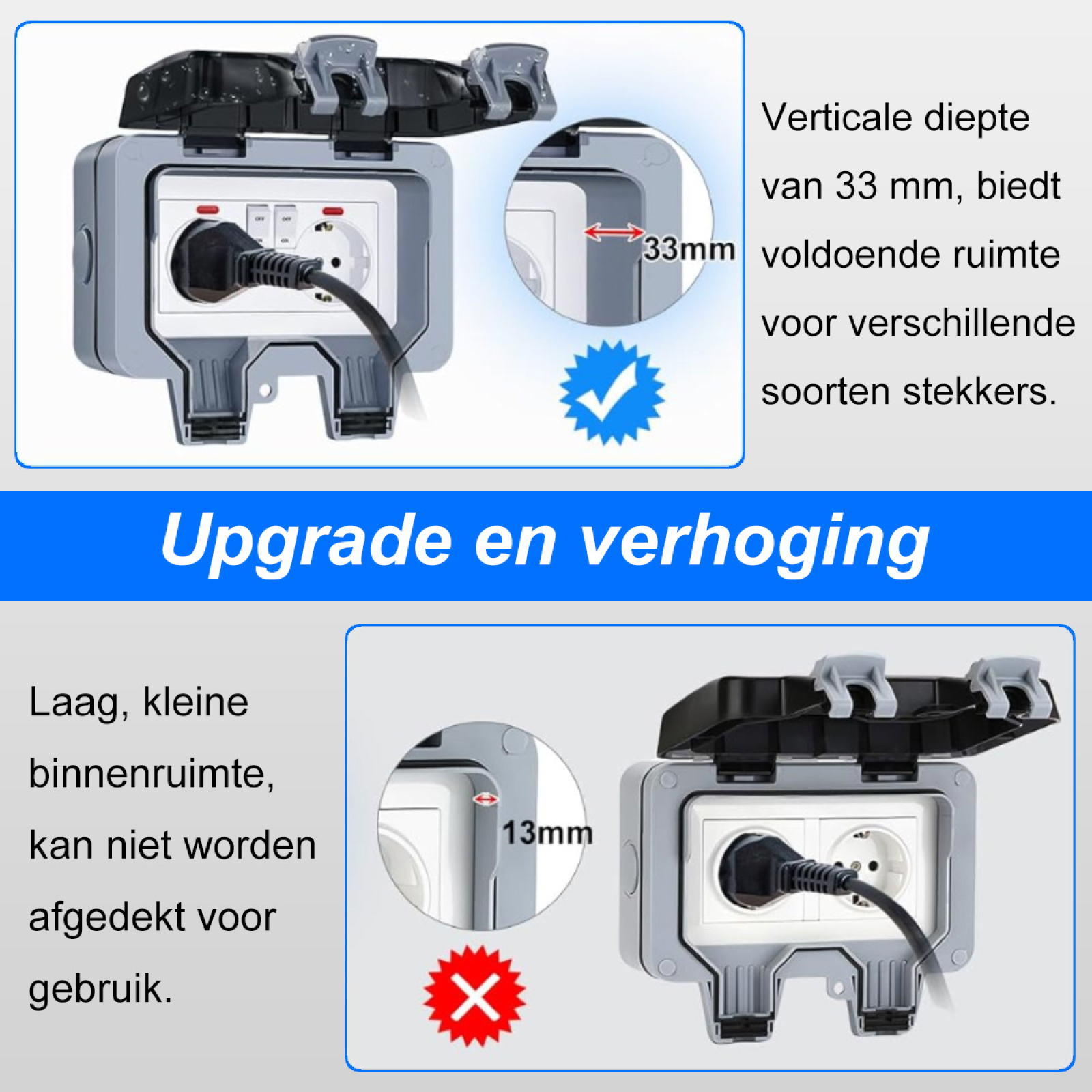Eine wasserdichte Außensteckdose mit Details. Upgrade vs. altes Design. Graue Abdeckung mit Steckdosen und Stecker.