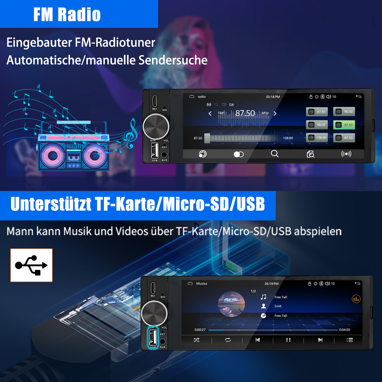 Radio samochodowe pokazujące radio FM i odtwarzanie muzyki z karty TF/USB. Wyświetlanych jest wiele ekranów.
