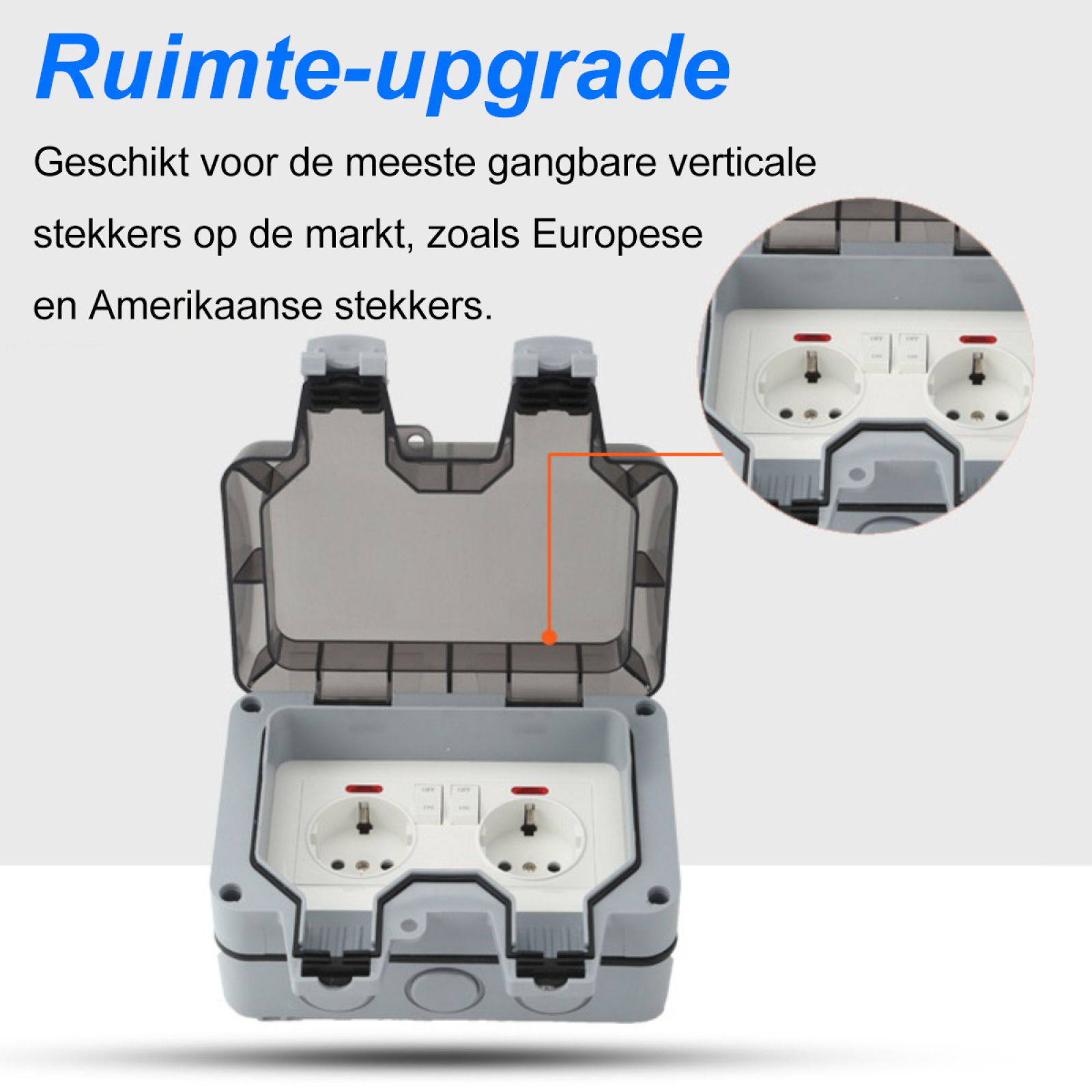 Eine graue Außensteckdose mit transparentem Deckel. Eine Nahaufnahme der internen Stecker ist oben rechts.
