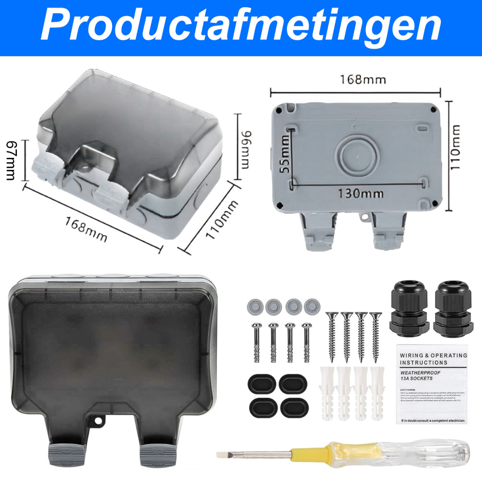 Diagramm mit Abmessungen einer grauen Box und einem Satz Werkzeuge, Schrauben und andere Teile für die Installation.