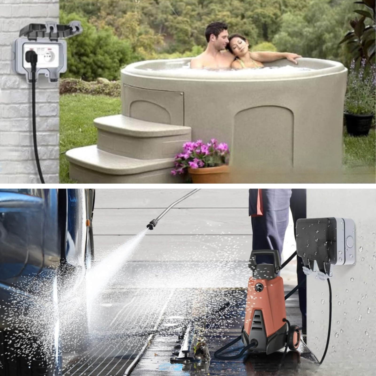 Zwei Bilder: ein Whirlpool und eine Person, die ein Auto mit einem Hochdruckreiniger wäscht. Beide haben Steckdosen.