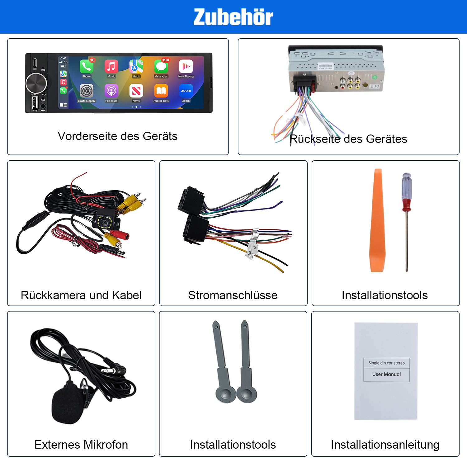 Eine Sammlung von Autoradio-Zubehör, darunter ein Bildschirm, Kabel, Werkzeuge und ein Mikrofon, alles ordentlich angeordnet.