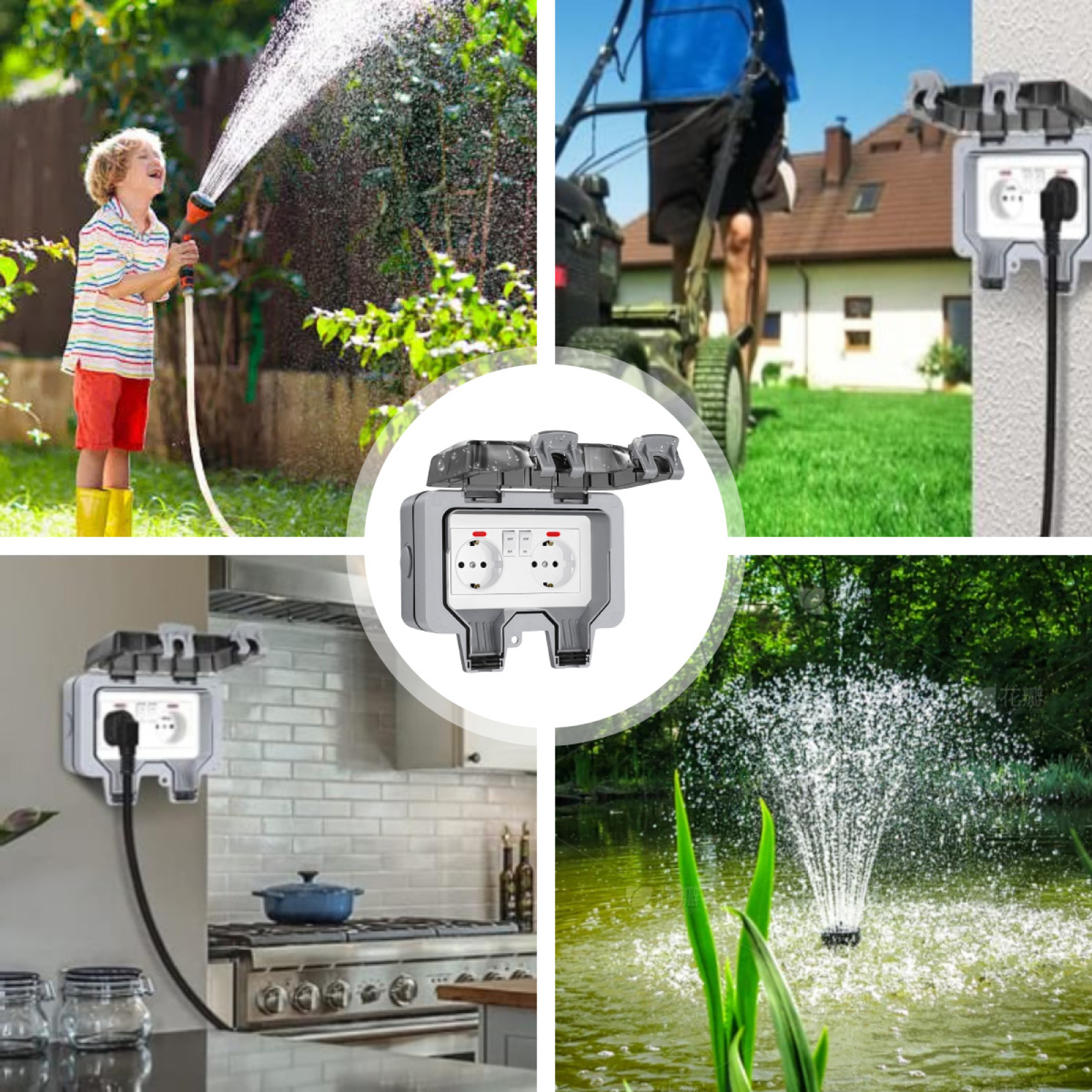 Eine Collage von Steckdosen im Freien. Ein Junge gießt Pflanzen, ein Mann mäht, ein Brunnen spritzt Wasser.