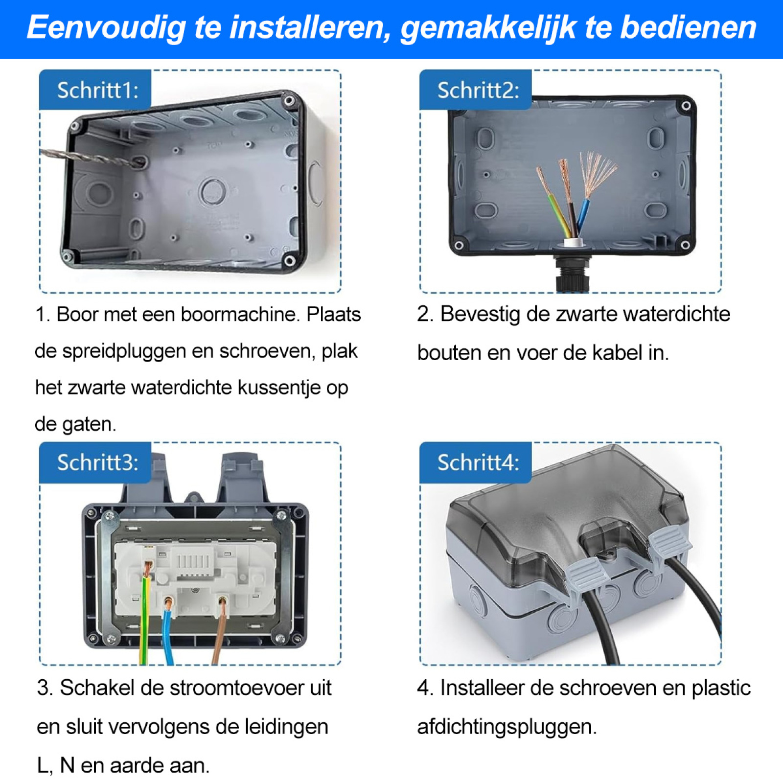 Vier Bilder, die die Installationsschritte einer Steckdose mit Textanweisungen zeigen.