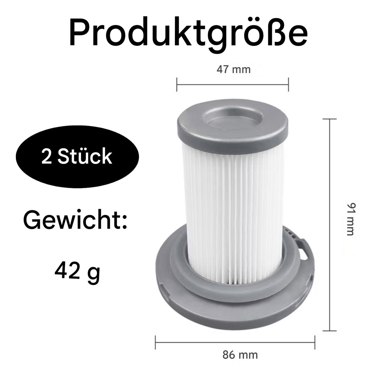 Ein zylindrischer Filter mit Maß- und Gewichtsangaben, präsentiert auf weißem Hintergrund.