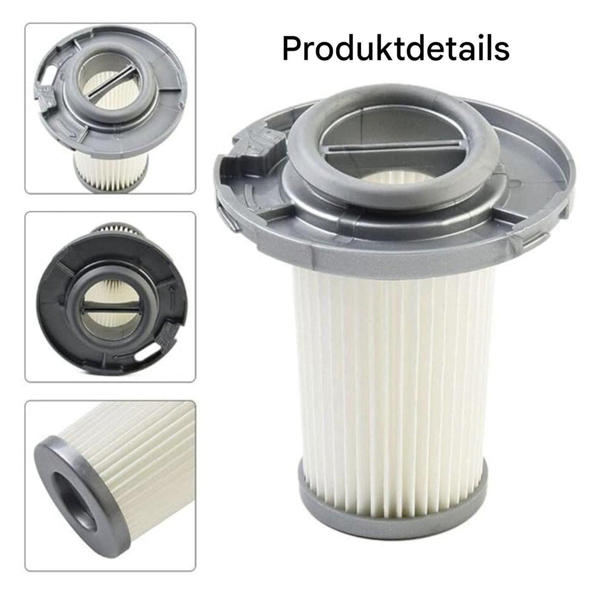 Nahaufnahmen eines Staubsaugerfilters, die Details der Filterstruktur und verschiedene Winkel zeigen.