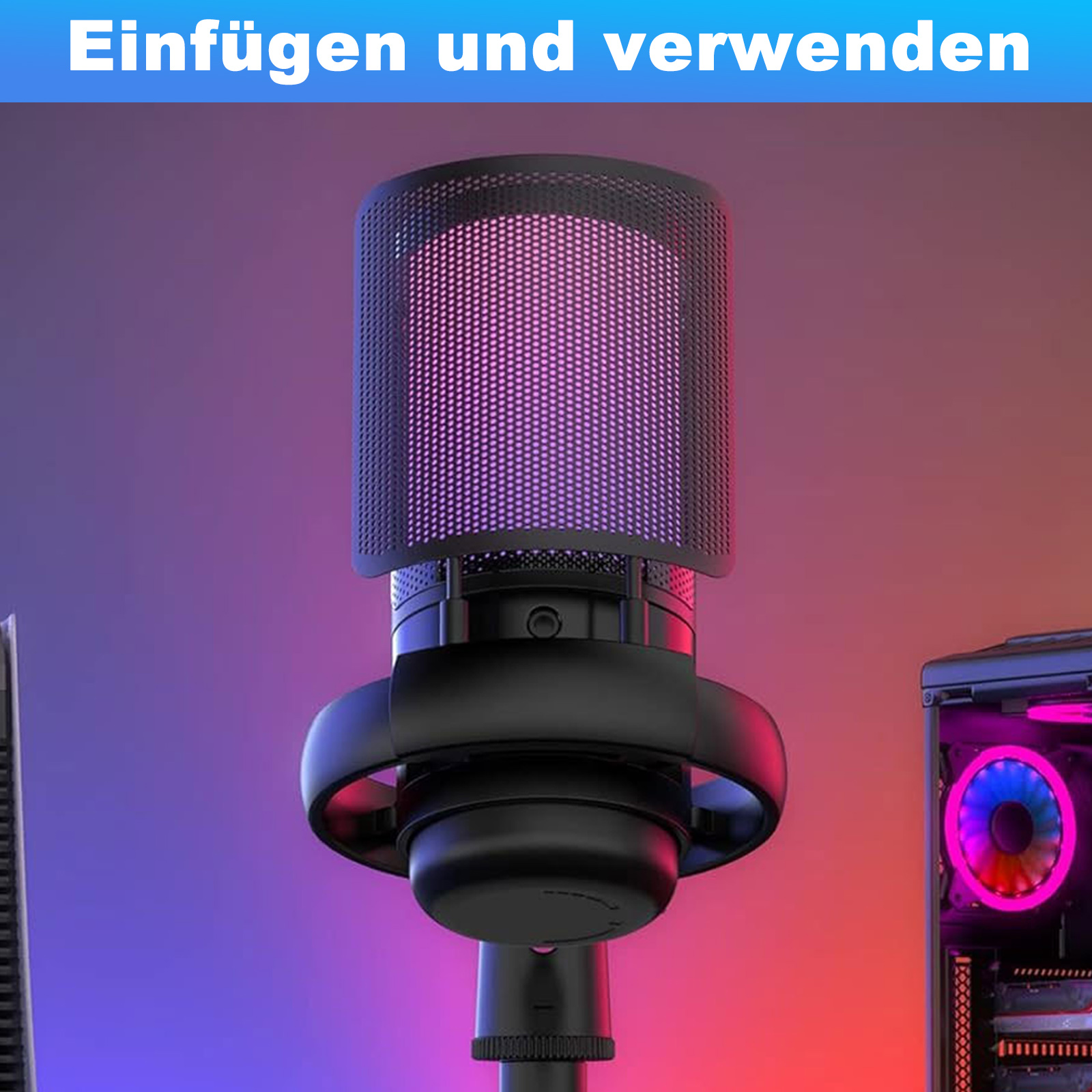 Schwarzes Mikrofon mit RGB-Beleuchtung und Computerkomponenten im Hintergrund. Text: Einfügen und verwenden.
