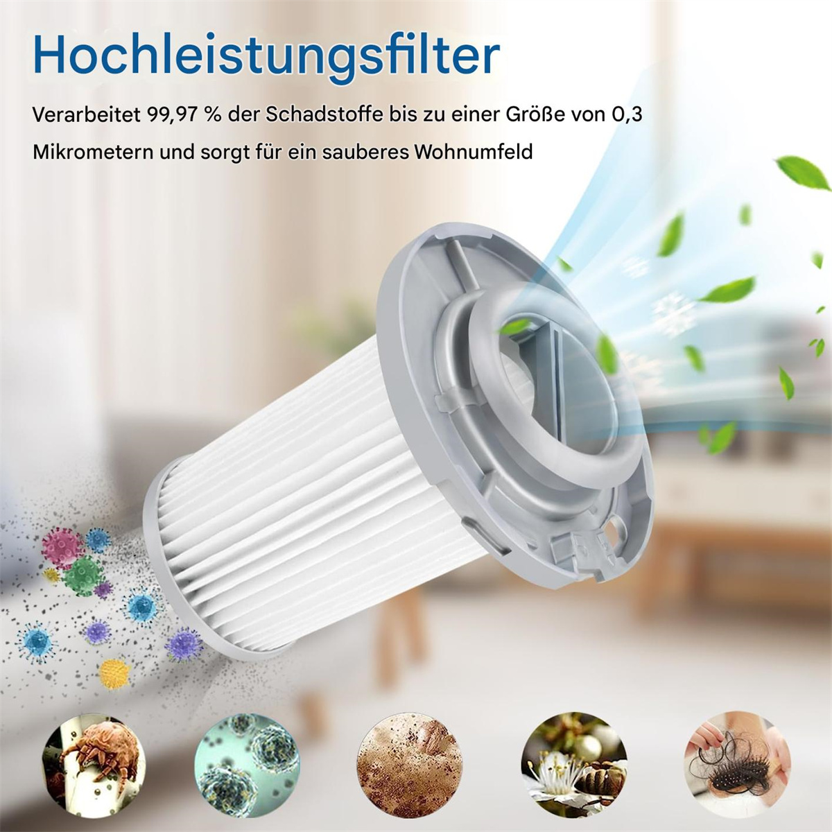 Ein Staubsaugerfilter mit Diagramm, das zeigt, wie er Staub und Keime filtert, mit Bildern verschiedener Schadstoffe.
