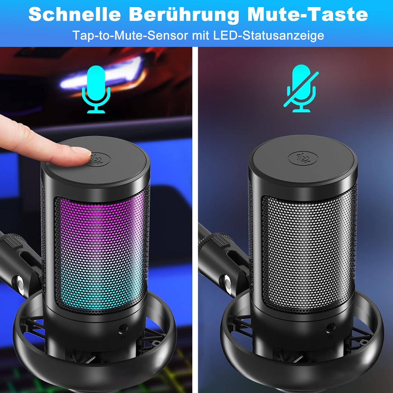 Zwei Ansichten eines schwarzen Mikrofons. Eine zeigt Mikrofon an, die andere stumm. Berühren zum Stummschalten.