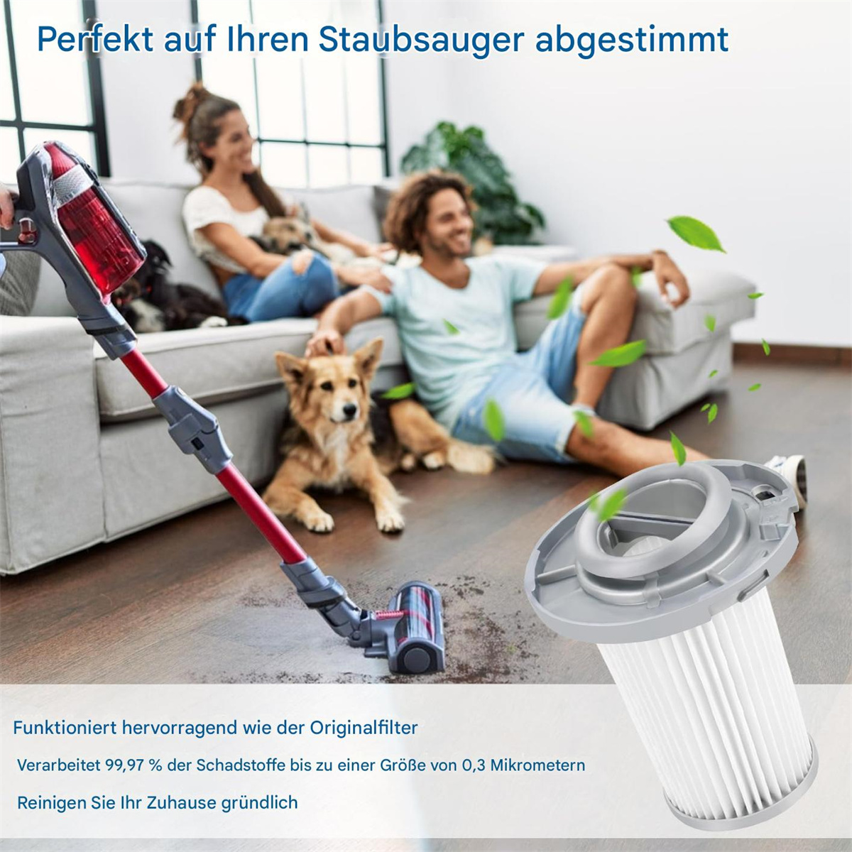 Ein Paar mit Hund entspannt sich, mit Staubsauger und Filter. Blätter schweben herum.