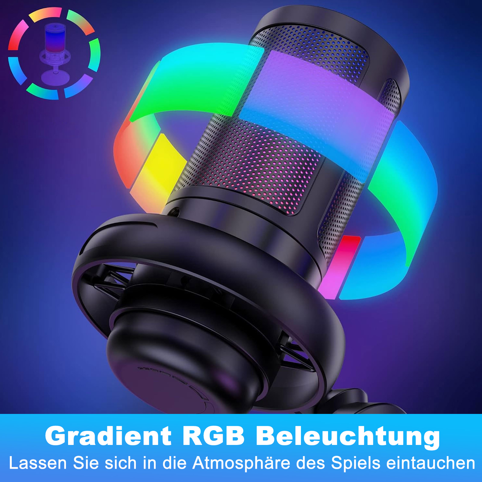 Schwarzes Mikrofon mit bunten RGB-Lichteffekten. Text: Gradient RGB Beleuchtung.