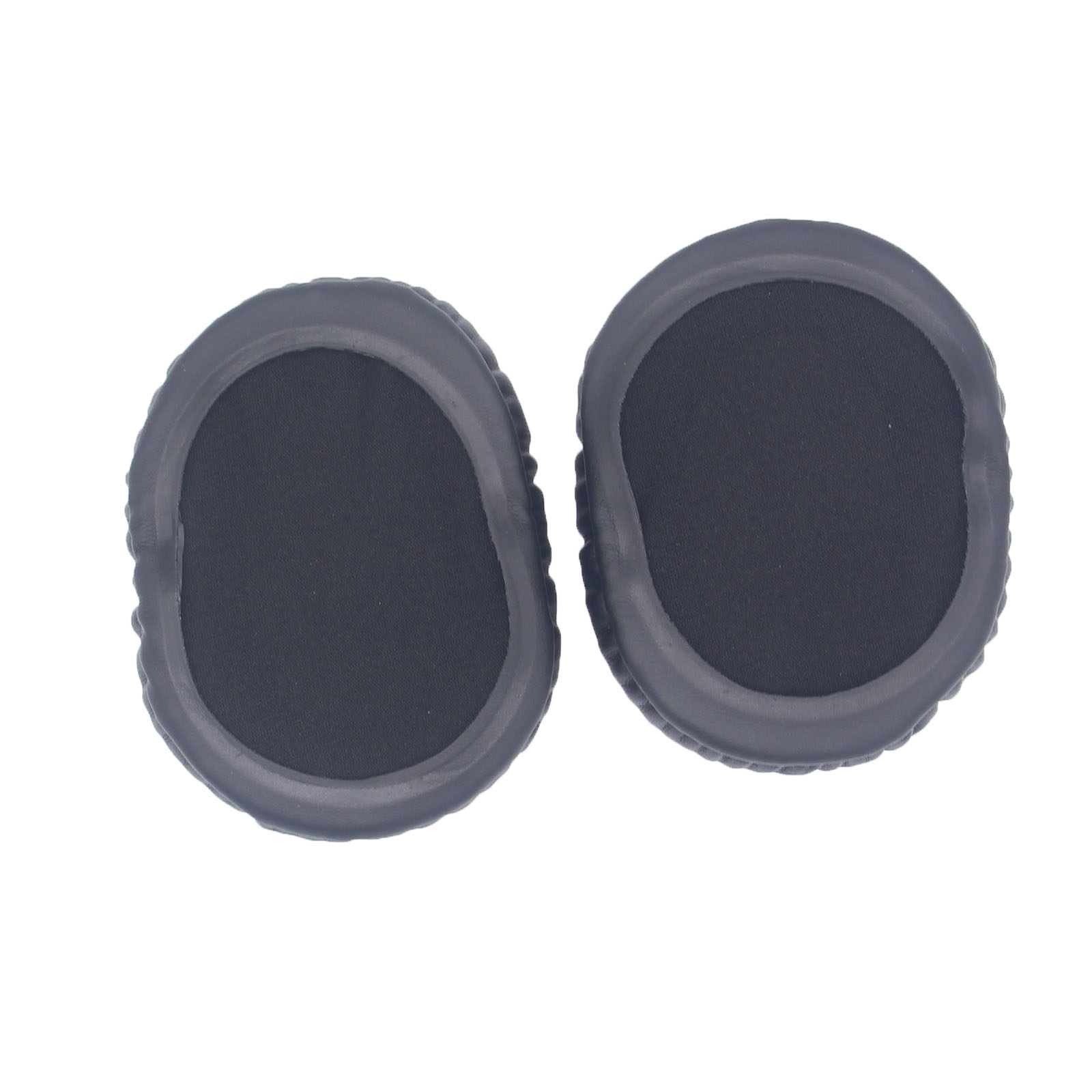 Due cuscinetti auricolari neri per cuffie, di forma ovale con un anello esterno grigio scuro e un centro grigio scuro.