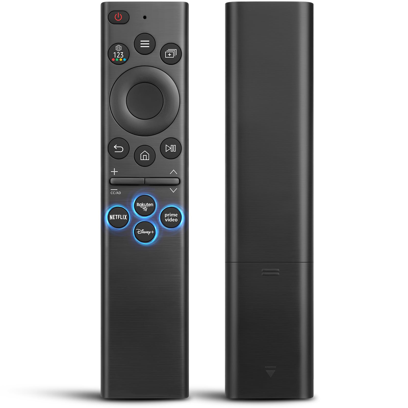 Zwei Ansichten einer schwarzen Fernbedienung. Tasten sind u.a. Power, Lautstärke, Netflix und Disney+.