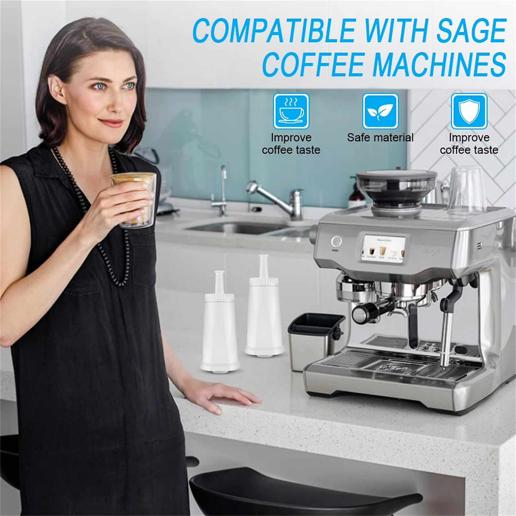 Eine Frau mit einer Kaffeemaschine. Text sagt 'Kompatibel mit Sage Kaffeemaschinen' und 'Verbessern Sie den Kaffeegeschmack'.