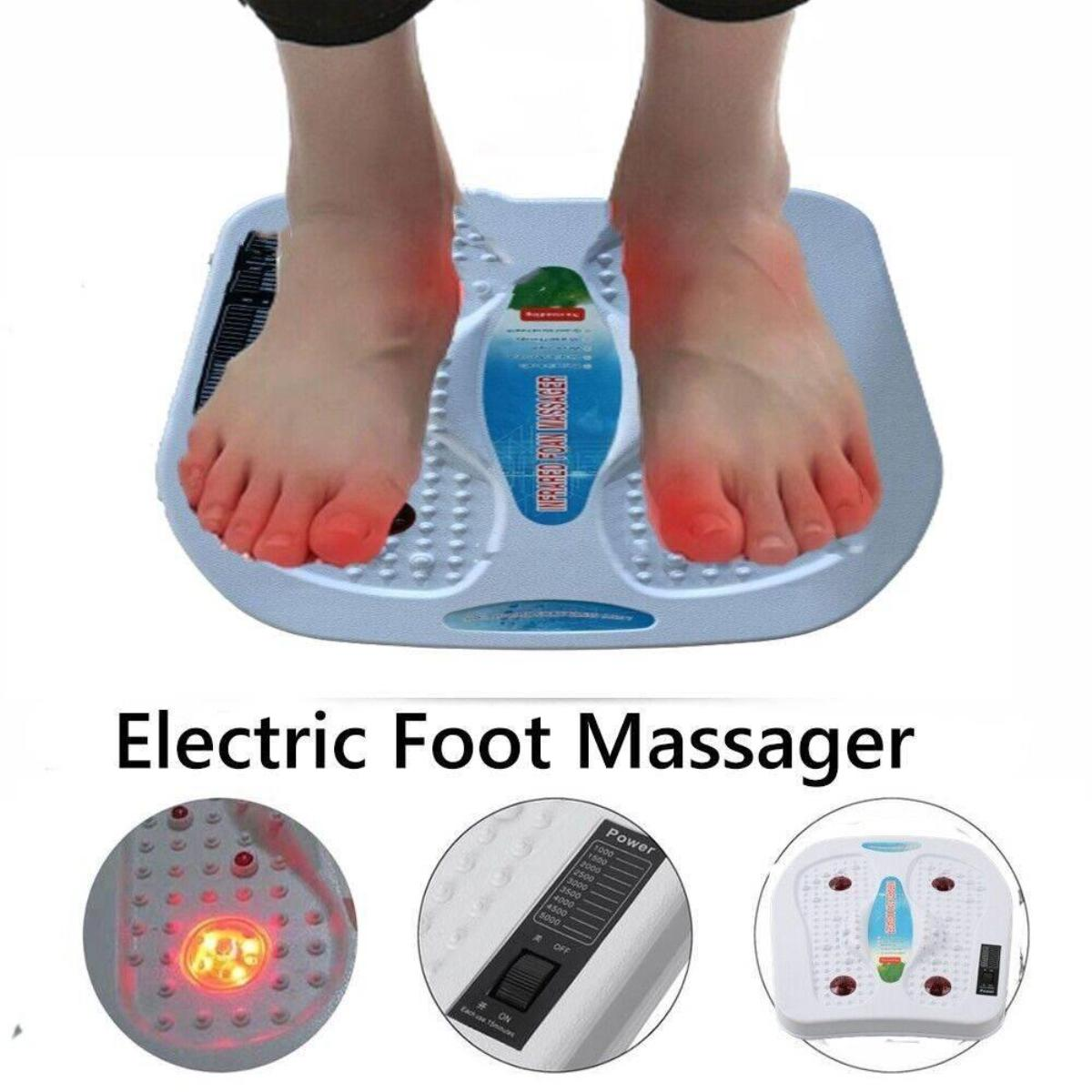 Ein elektrisches Fußmassagegerät mit Füßen darauf. Nahaufnahmen von Bedienelementen und beheizten Massageknoten.