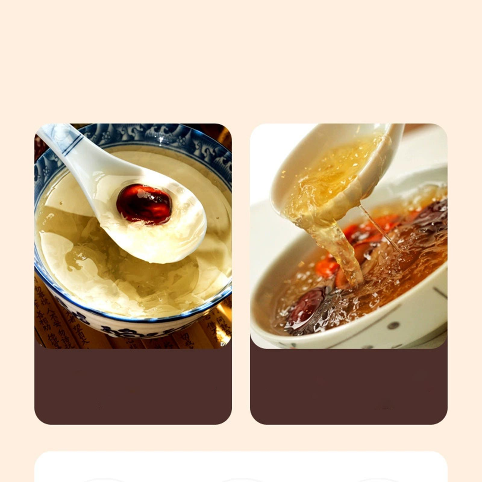 Zwei Schalen Suppe mit Löffeln, eine zeigt eine rote Dattel in einer weißen Schale.