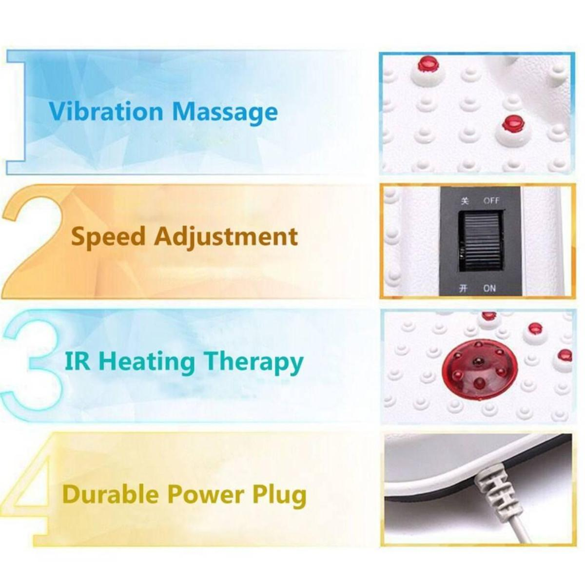Diagramm eines Fußmassagegeräts mit Beschreibungen: Vibration, Geschwindigkeitsanpassung, IR-Therapie, Netzstecker.