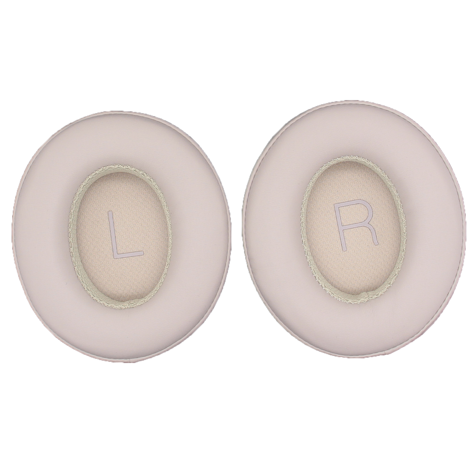 Due cuscinetti auricolari, etichettati 'L' e 'R', per cuffie. Colore beige chiaro, con interno in rete.