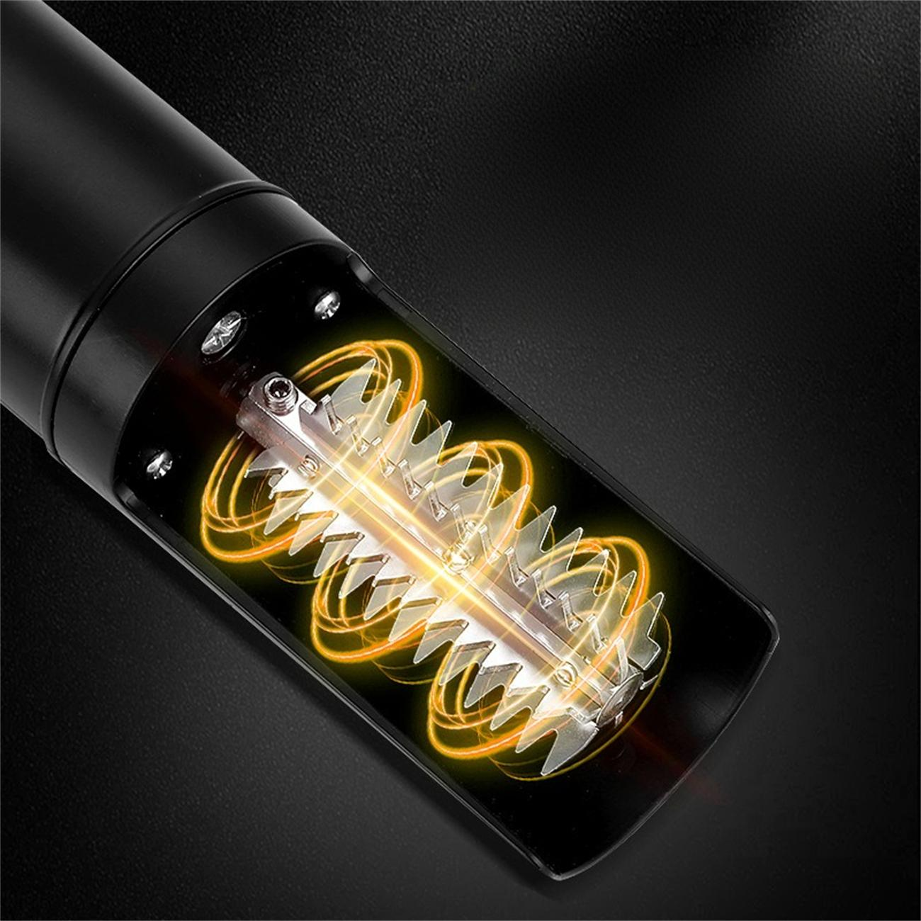 Elektrische Pfeffermühle, schwarz mit sichtbarem Mahlwerk, Goldlichteffekt.