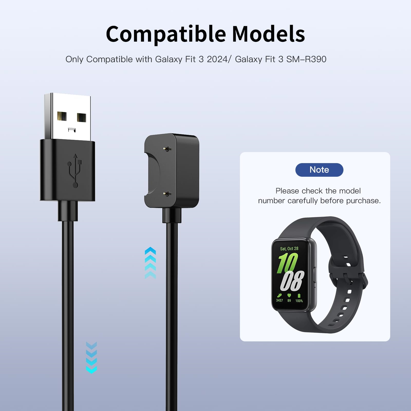 Ein Ladekabel und eine Ladestation für eine Smartwatch. Eine Uhr ist im Bild mit Text abgebildet.