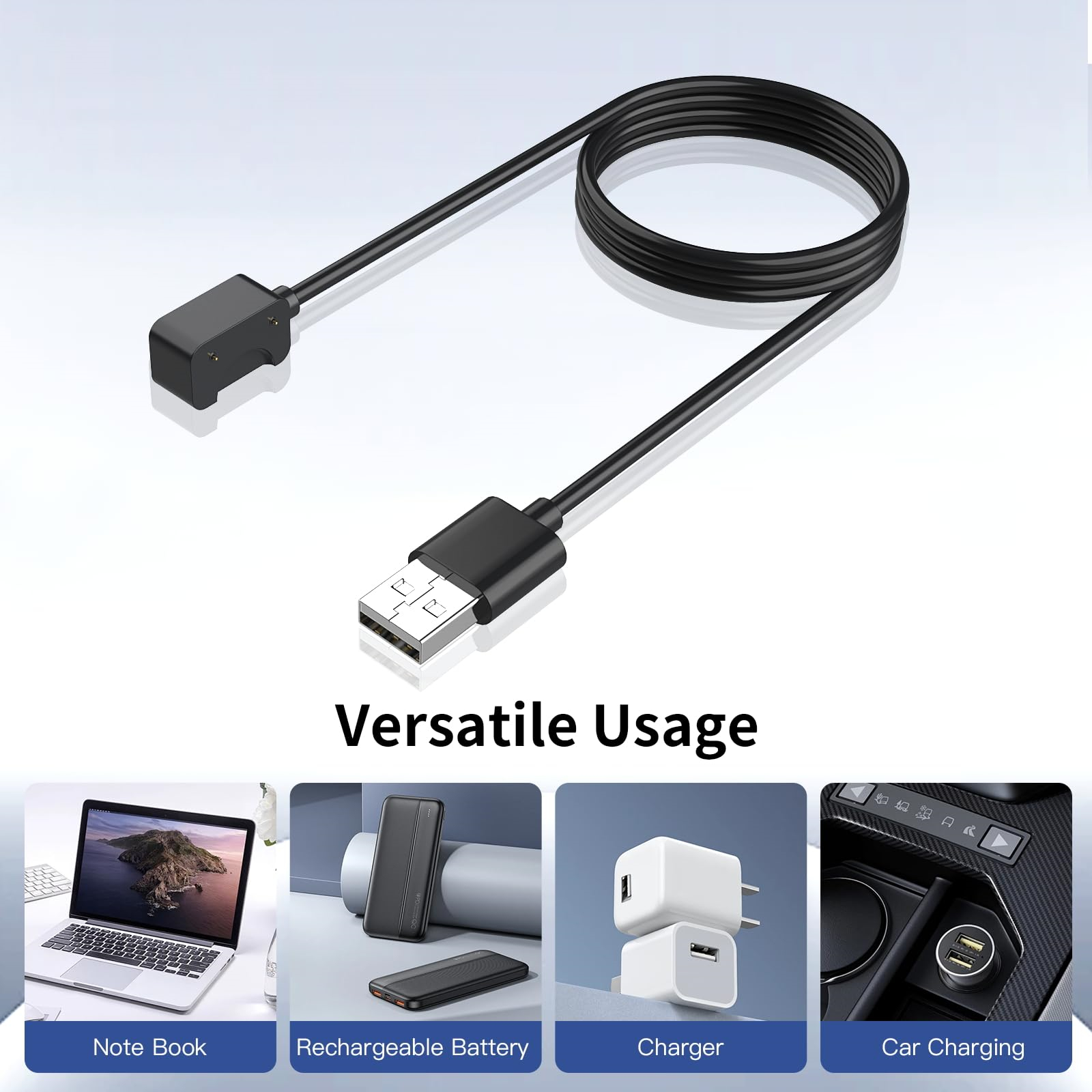 Schwarzes Ladekabel mit USB und Magnetkopf. Beispiele für vielseitige Verwendung werden gezeigt.