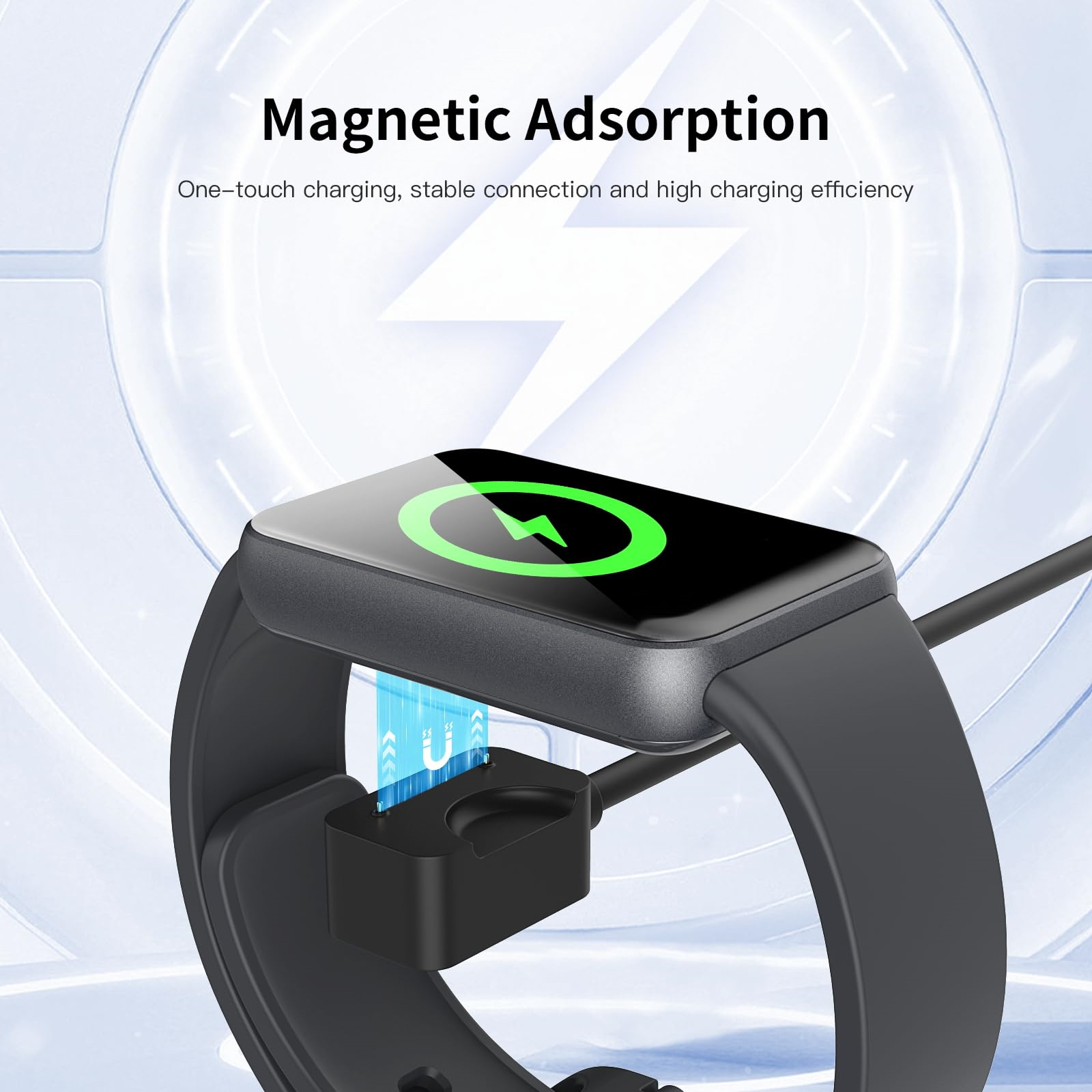 Eine Smartwatch ist mit einer Ladestation verbunden. Text: 'Magnetische Adsorption'.