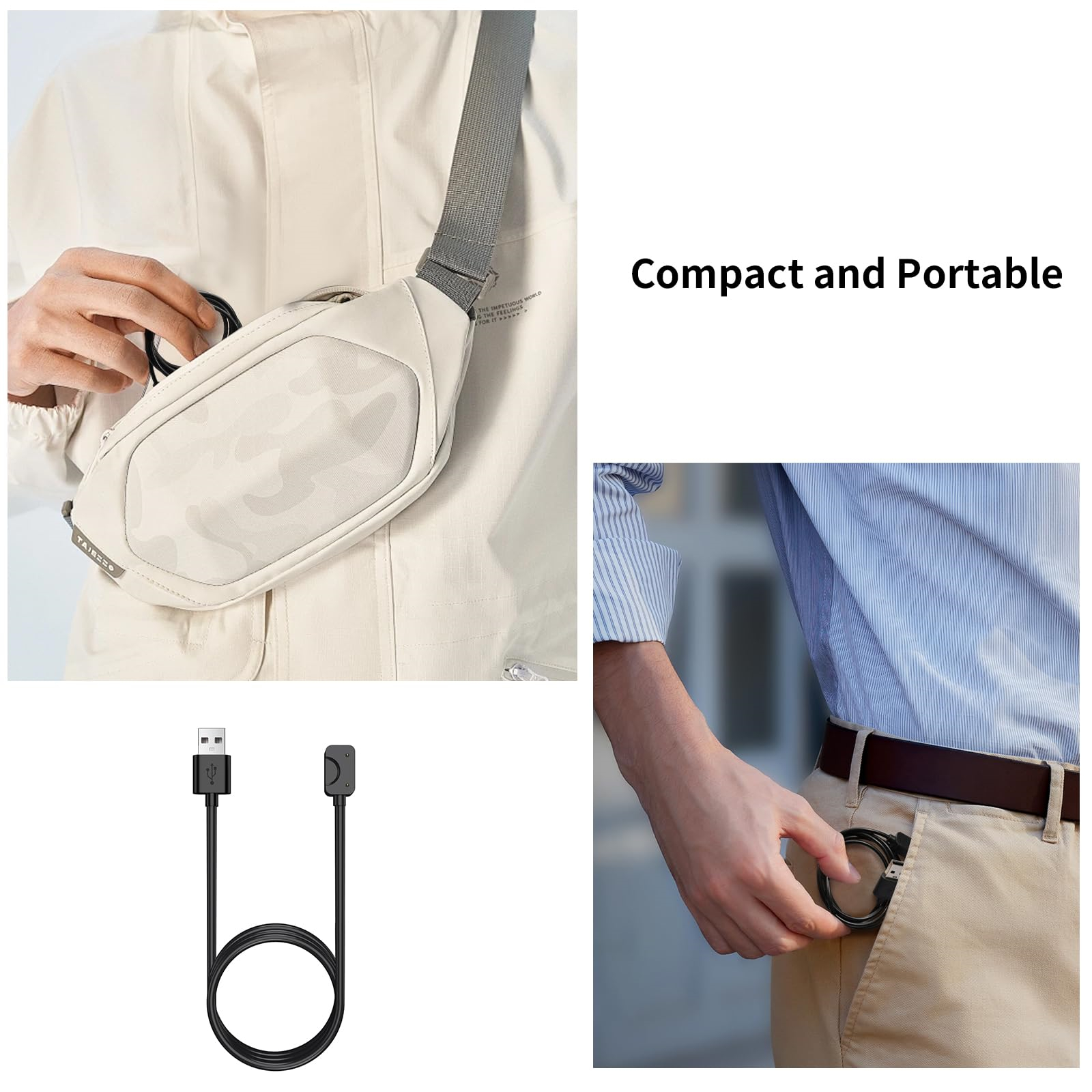 Bilder, die eine weiße Tasche, ein gehaltenes USB-Kabel und eine Person, die ein Kabel in der Tasche hält, zeigen.