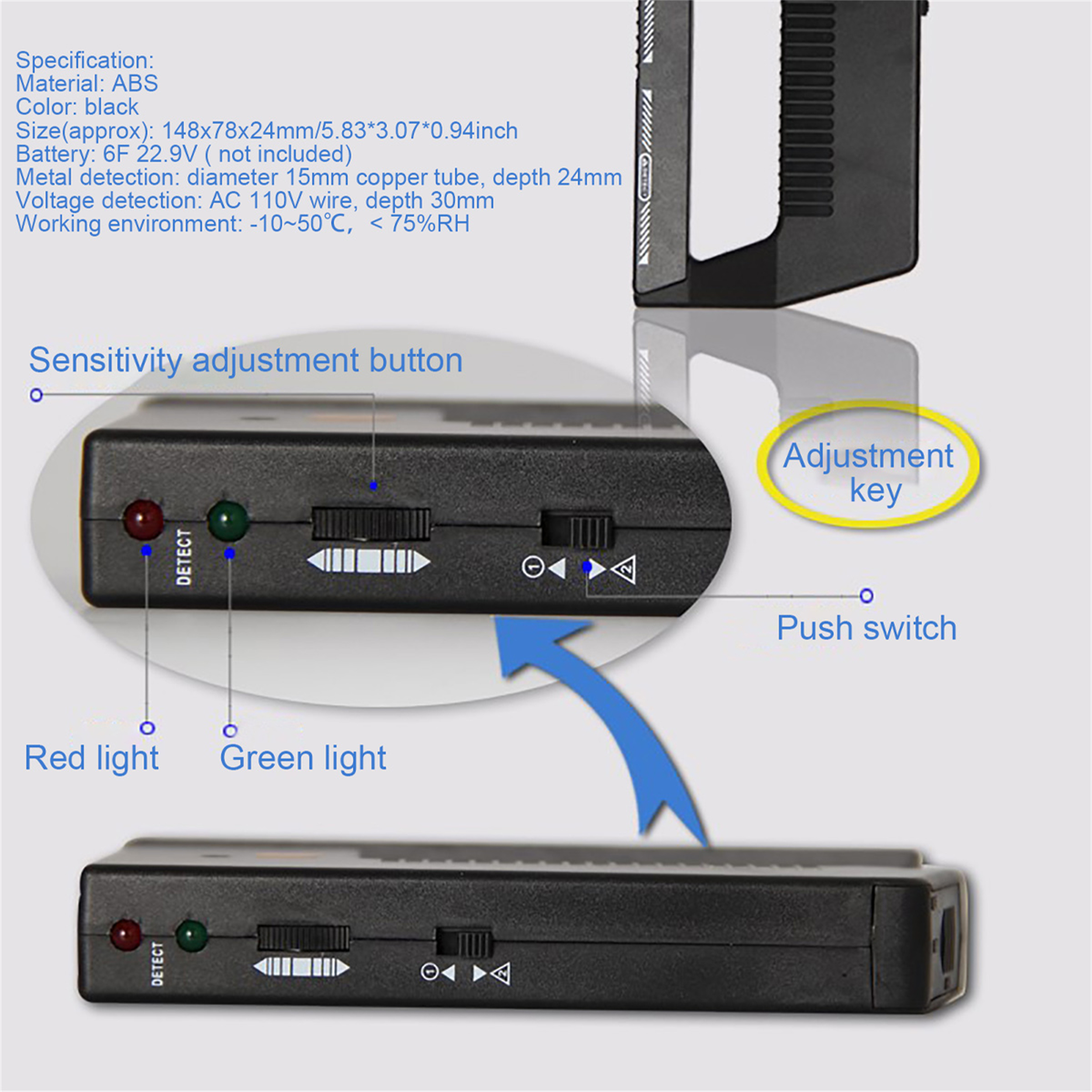Das Bild zeigt ein schwarzes elektronisches Gerät mit Empfindlichkeitsanpassungen, Lichtern und Schalter, wobei die technischen Daten oben aufgeführt sind.