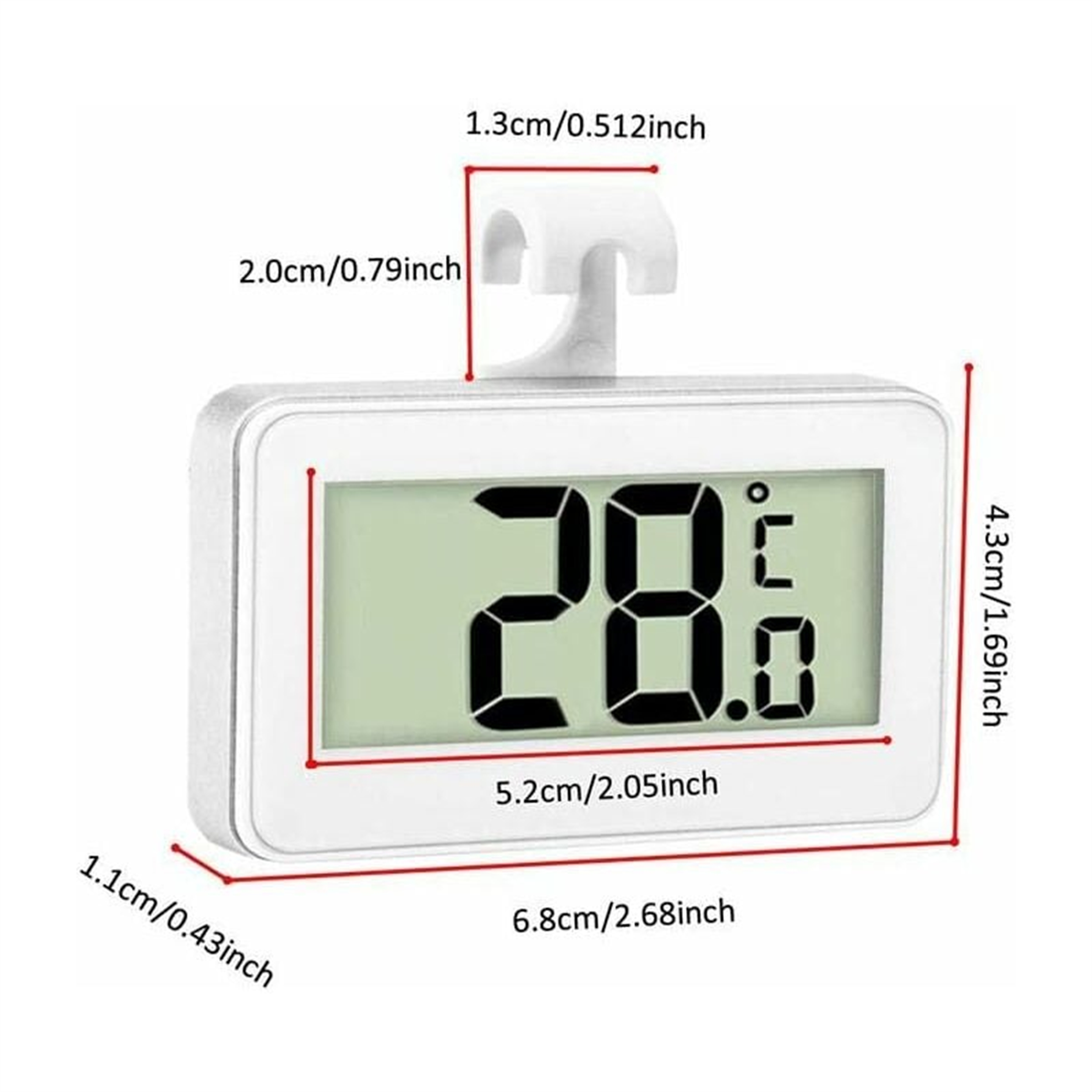Digitales Thermometer mit Maßangaben. Es hat einen weißen Rahmen, zeigt 28,0 Grad Celsius und hat einen Haken.