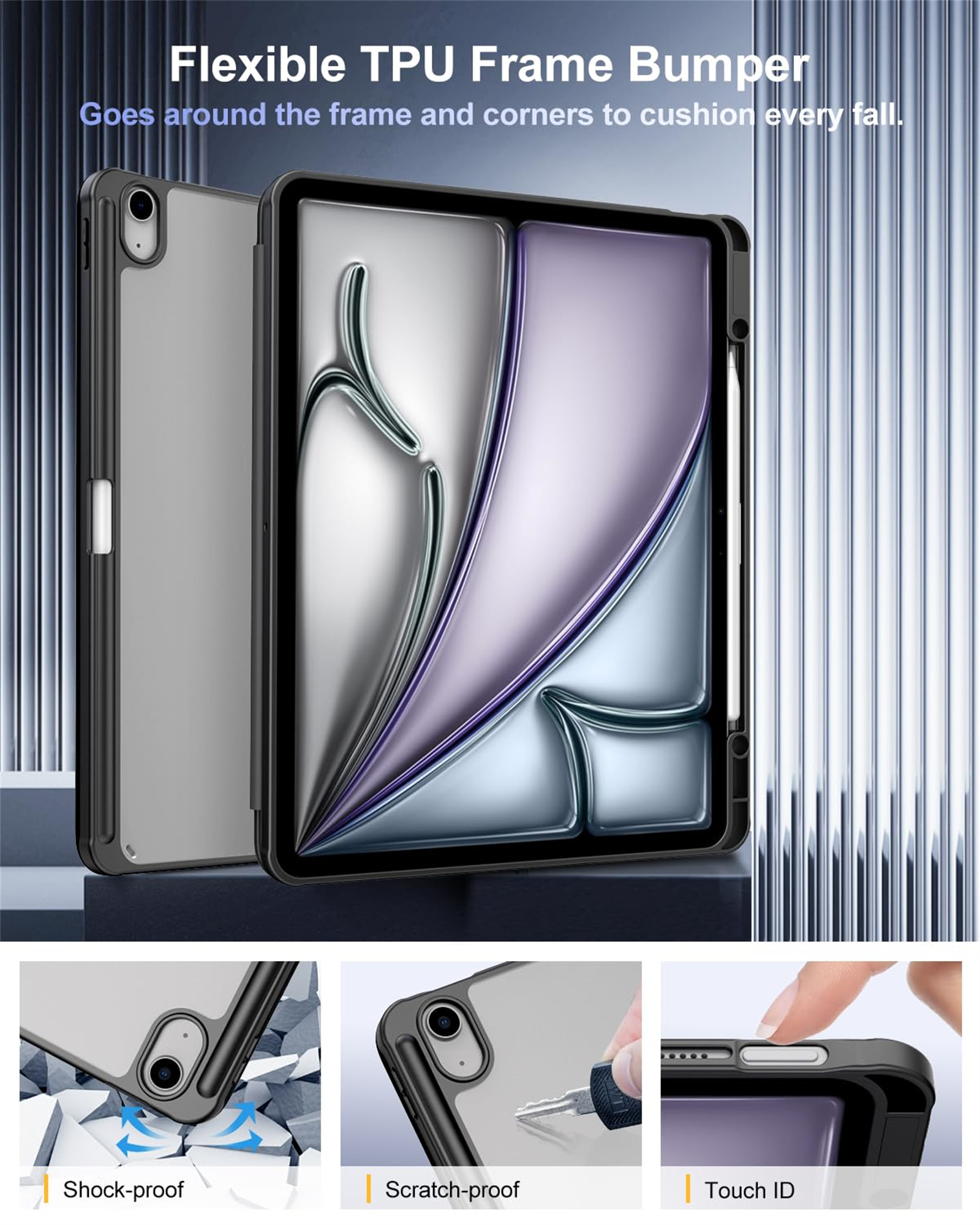 Schwarze iPad-Hülle mit geschlossenem Deckel. Zeigt das iPad und Funktionen wie stoßfest und kratzfest.