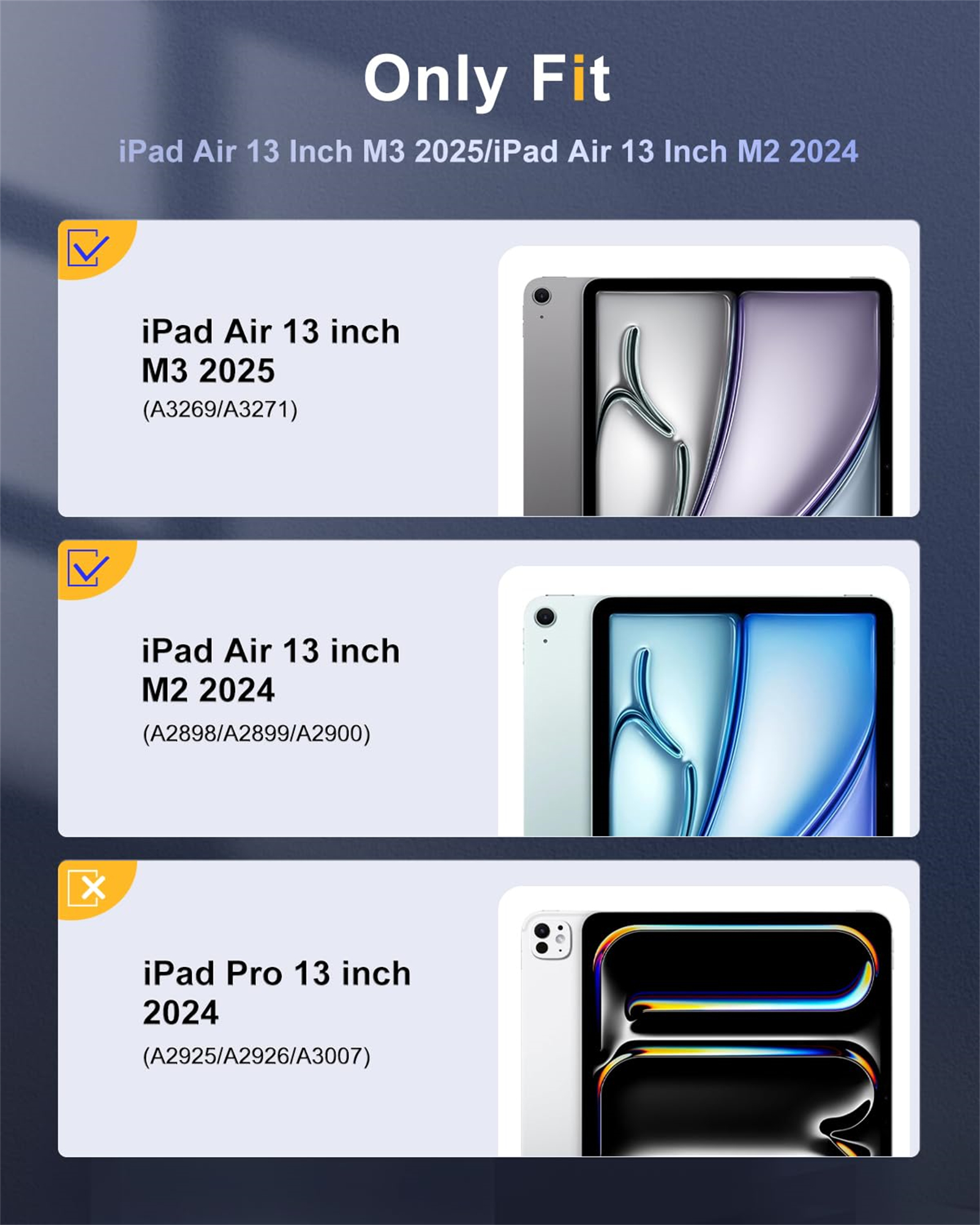 Eine Grafik, die iPad Air-Modelle vergleicht. Sie zeigt das iPad Air 13 Zoll M3 2025, M2 2024 und Pro 13 Zoll 2024.