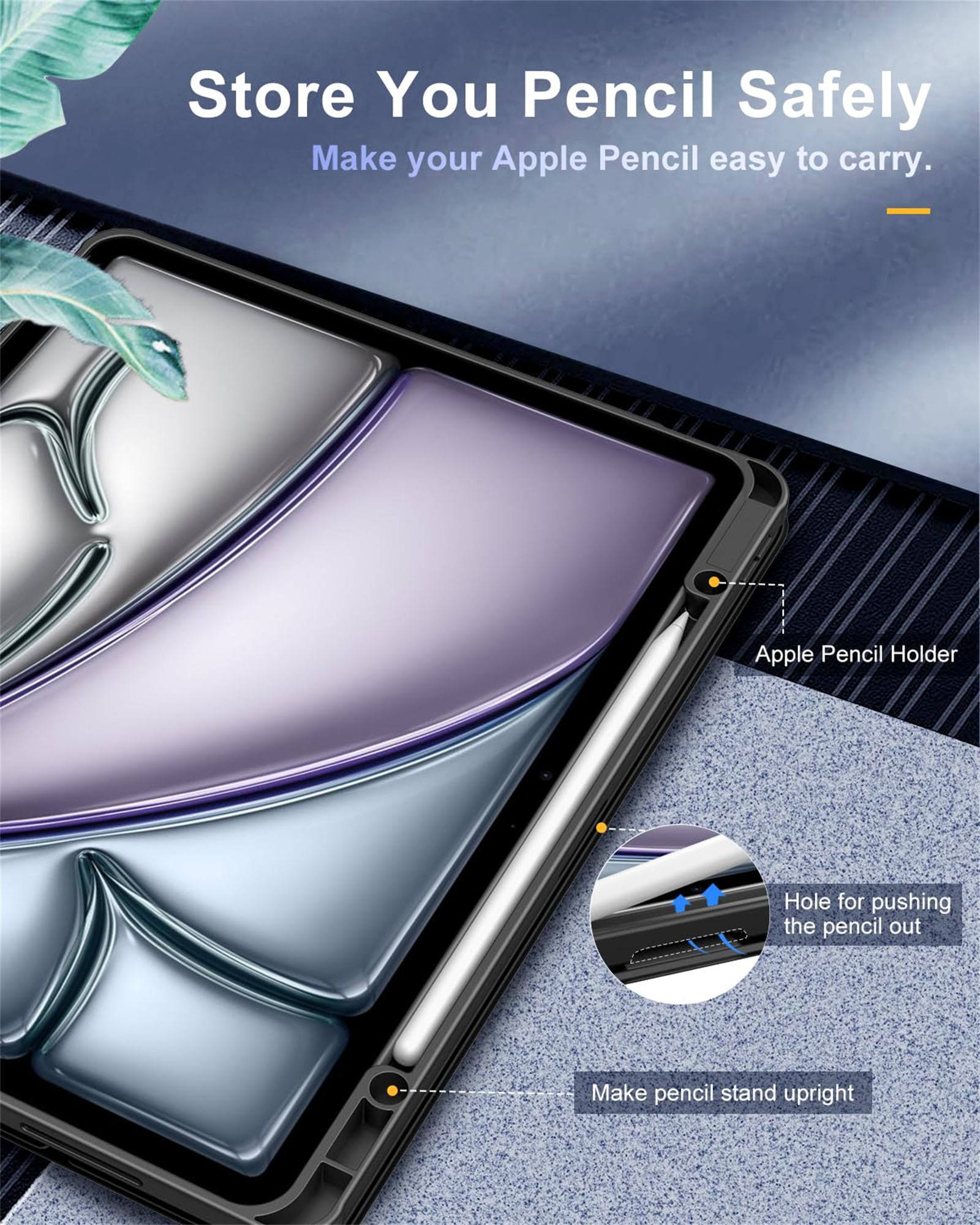 Eine Nahaufnahme eines iPads mit einem Apple Pencil in einer schwarzen Hülle. Die Hülle hat eine Stifthalterung.