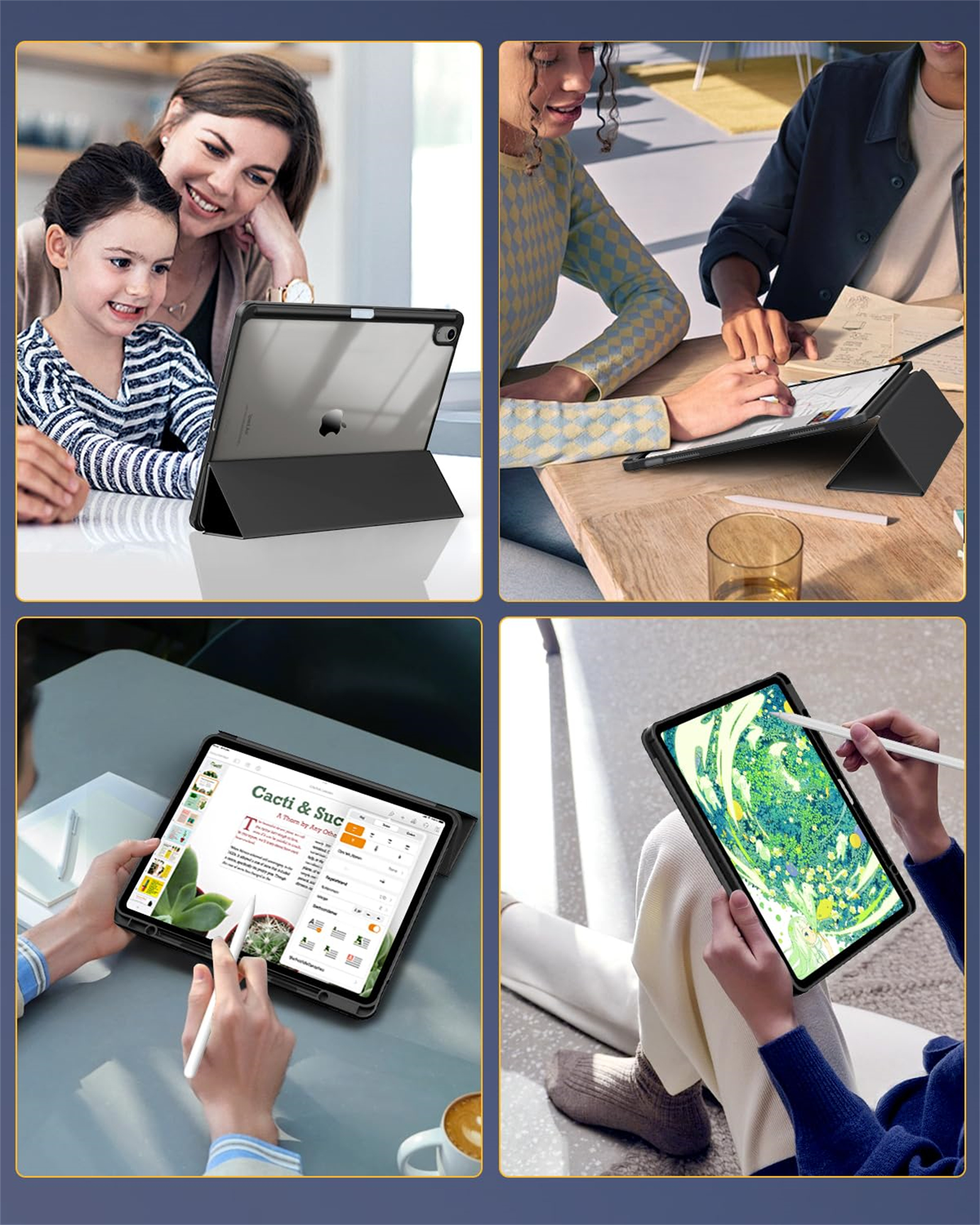Vier Bilder von Personen, die ein iPad mit schwarzer Hülle in verschiedenen Umgebungen und Aktivitäten verwenden.