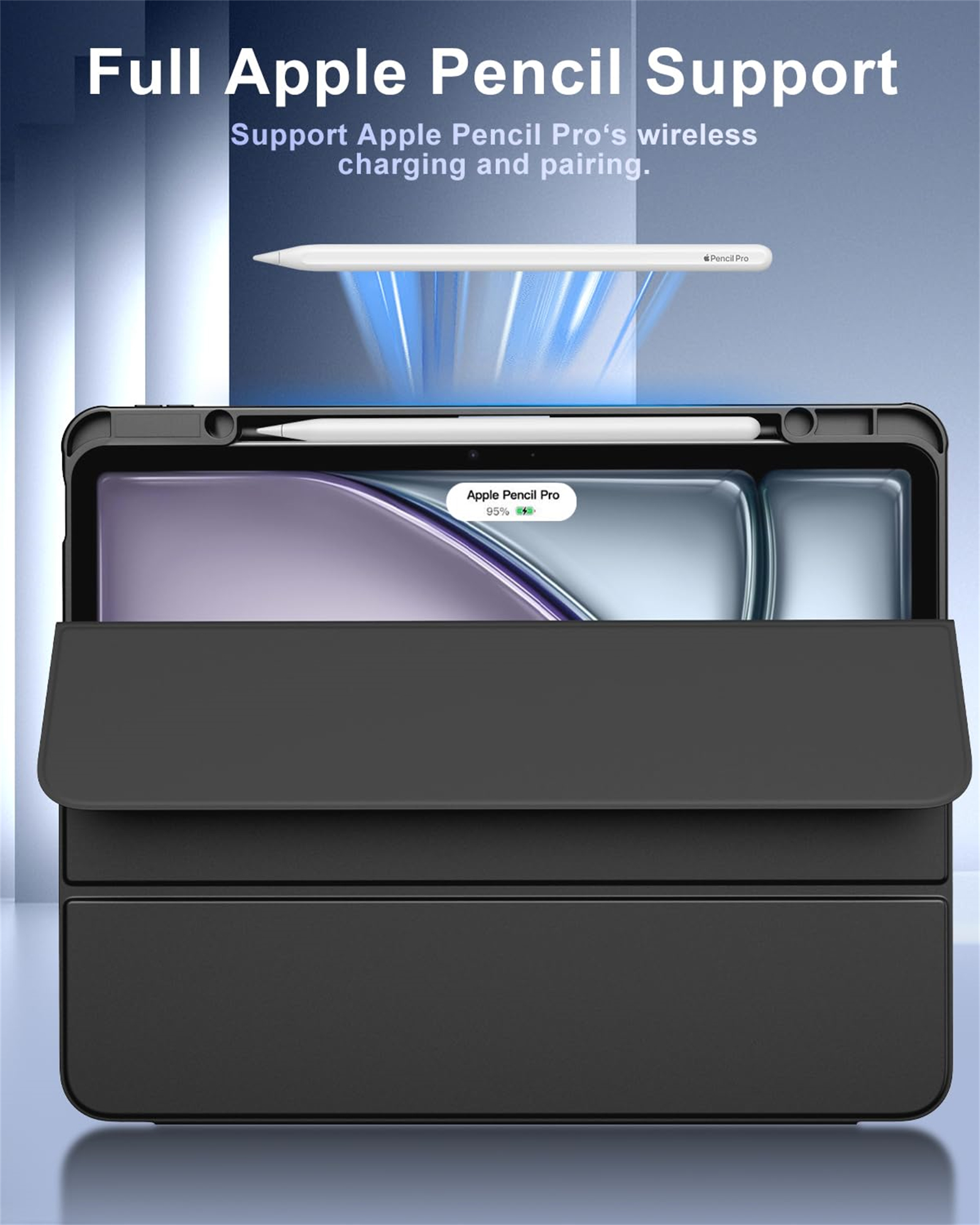 Schwarze iPad-Hülle mit Stift. Text sagt 'Full Apple Pencil Support' und zeigt einen Ladeschlitz.